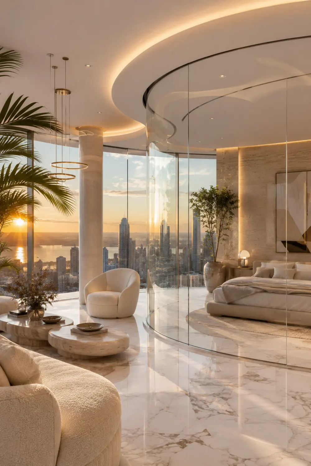 Luxury curved frameless glass room divider separating a modern bedroom and living room with marble flooring, panoramic city skyline, sculptural furniture, designer lighting, floor to ceiling windows, and elegant contemporary interior architecture.