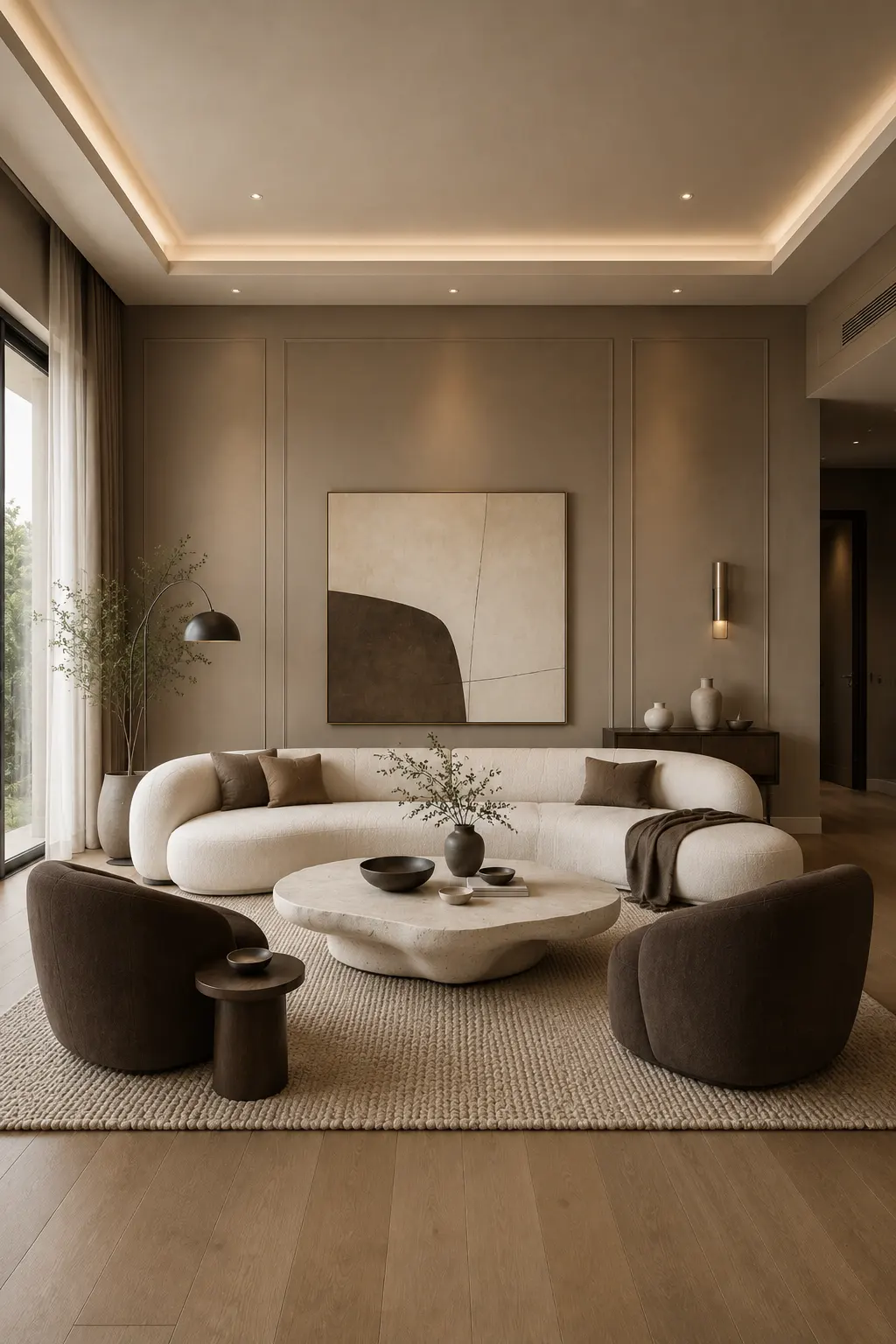 Elegant contemporary living room with warm taupe painted walls, a curved ivory boucle sofa, dark brown sculptural chairs, an organic travertine coffee table, textured cream rug, minimalist abstract artwork, warm wood flooring, and soft architectural lighting.