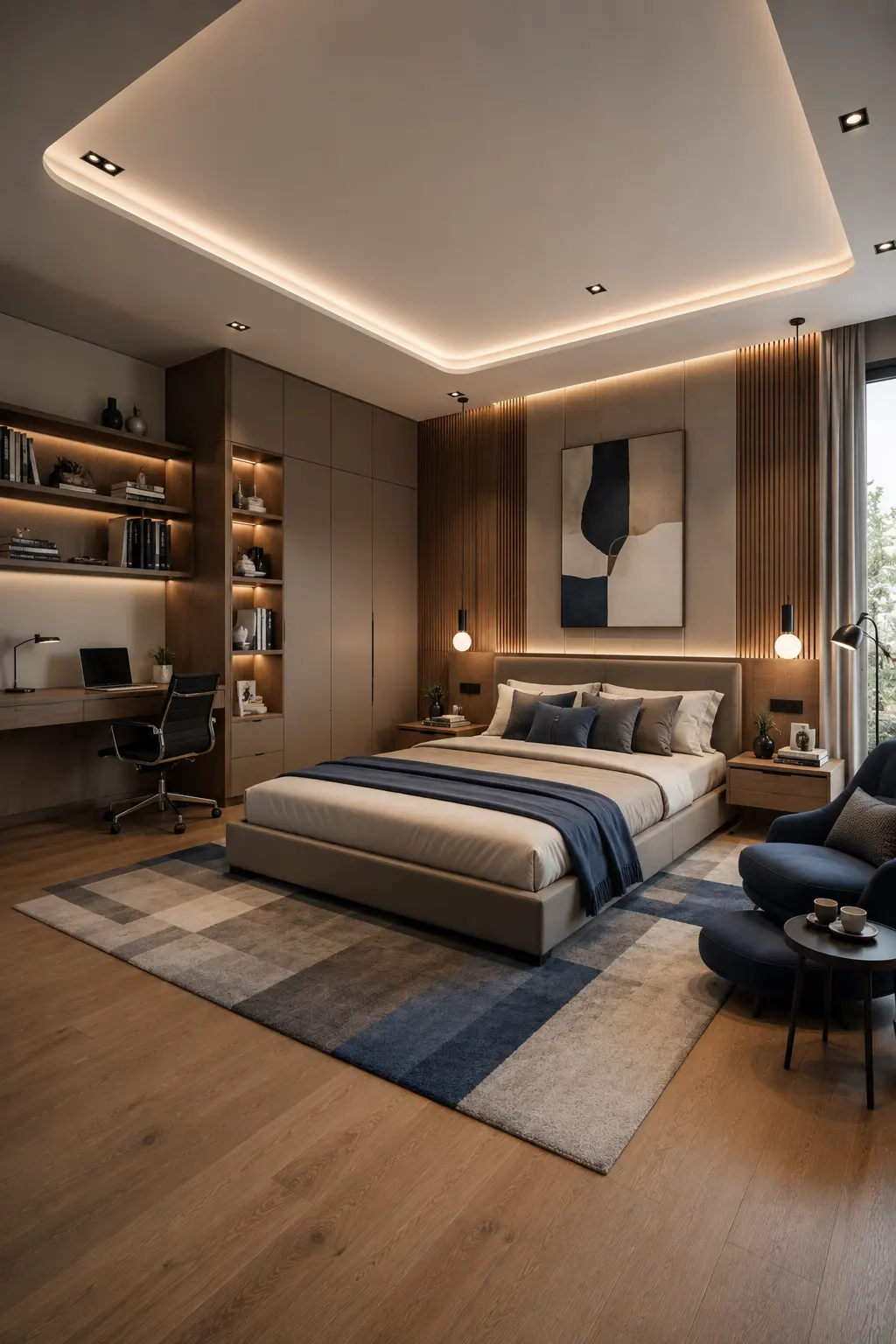 Modern luxury boys’ bedroom featuring warm greige walls, walnut slatted panels, upholstered platform bed, neutral layered bedding with muted navy accents, abstract artwork, built in wardrobes, illuminated shelving, modern study desk, geometric rug, navy lounge chair, and warm architectural lighting.