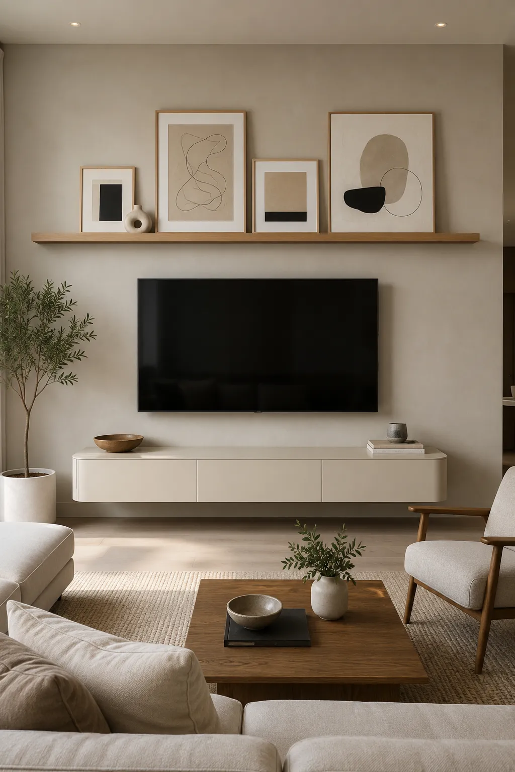 Modern floating picture ledge TV wall featuring a long natural wood shelf above the television, layered neutral abstract artwork in mixed frame sizes, a curved cream floating console, indoor tree, neutral seating, wood coffee table, and warm minimalist living room decor.