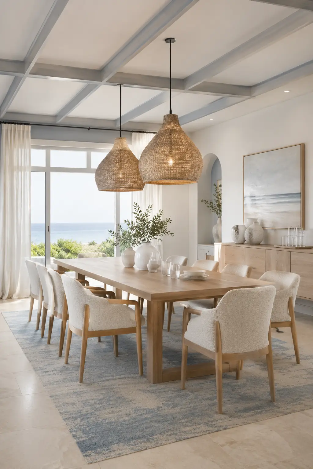Modern coastal dining room featuring a large light wood dining table, cream textured upholstered chairs, oversized woven pendant lights, soft blue and cream area rug, pale wood sideboard, subtle coastal artwork, white ceramic vases, sheer curtains, and large windows overlooking a bright ocean view.