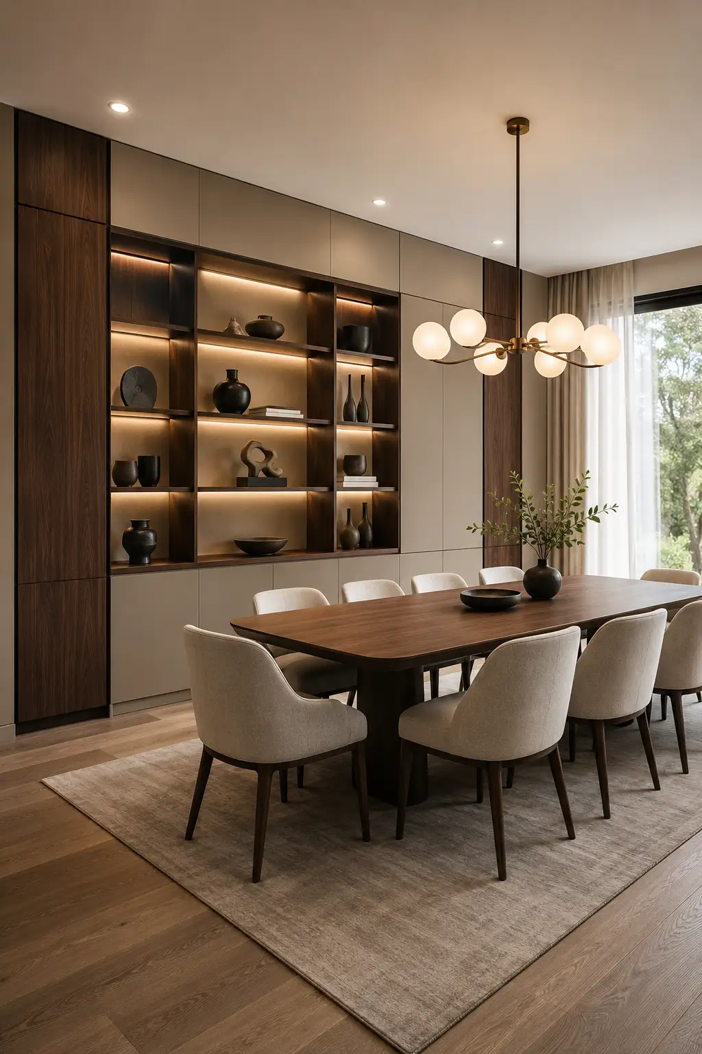 Modern dining room featuring a full height built in display and storage wall with warm walnut wood, smooth neutral cabinetry, illuminated open shelves, curated ceramics and sculptures, dark wood dining table, cream chairs, and contemporary globe lighting.