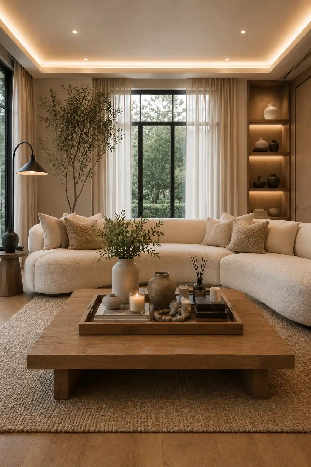 DIY coffee table styling tray featuring ceramic vase, greenery, scented candle, stacked coffee table books, decorative beads, reed diffuser, wooden tray, curved sectional sofa, textured rug, and luxurious contemporary living room décor.