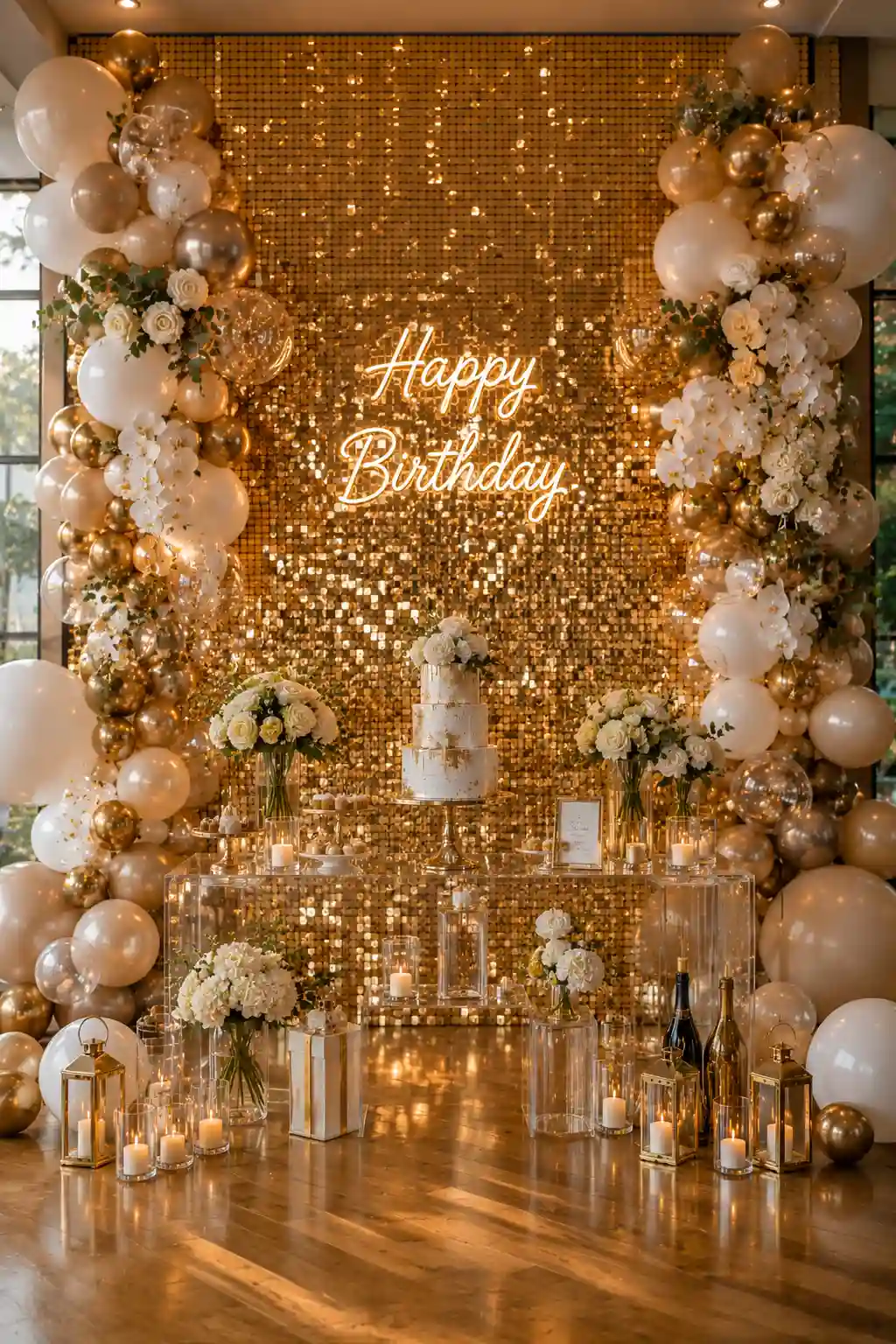 Luxury gold shimmer wall birthday backdrop featuring sparkling sequin panels, organic white and gold balloon garlands, fresh floral arrangements, elegant cake table, candles, lanterns, acrylic dΓ©cor, and glamorous birthday party decoration for stunning event photos.