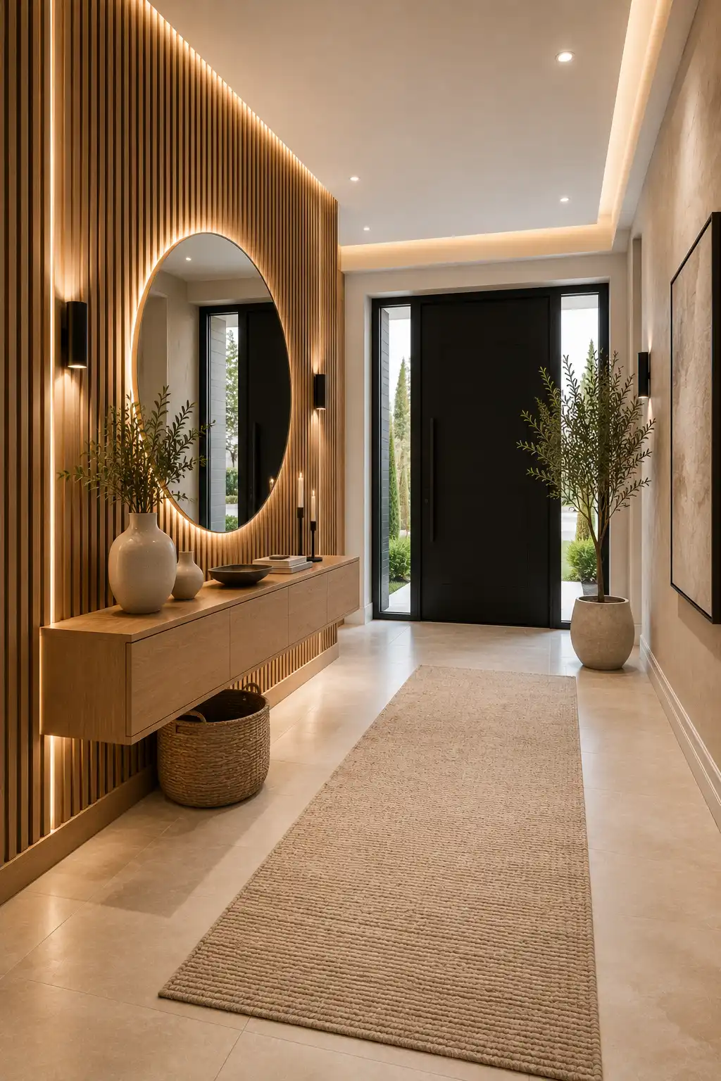Vertical wood slat feature wall entrance hall with floating oak console, oversized round LED mirror, integrated accent lighting, matte black wall sconces, concealed storage, indoor olive tree, decorative ceramics, porcelain flooring, and a luxury modern entryway with architectural detail.