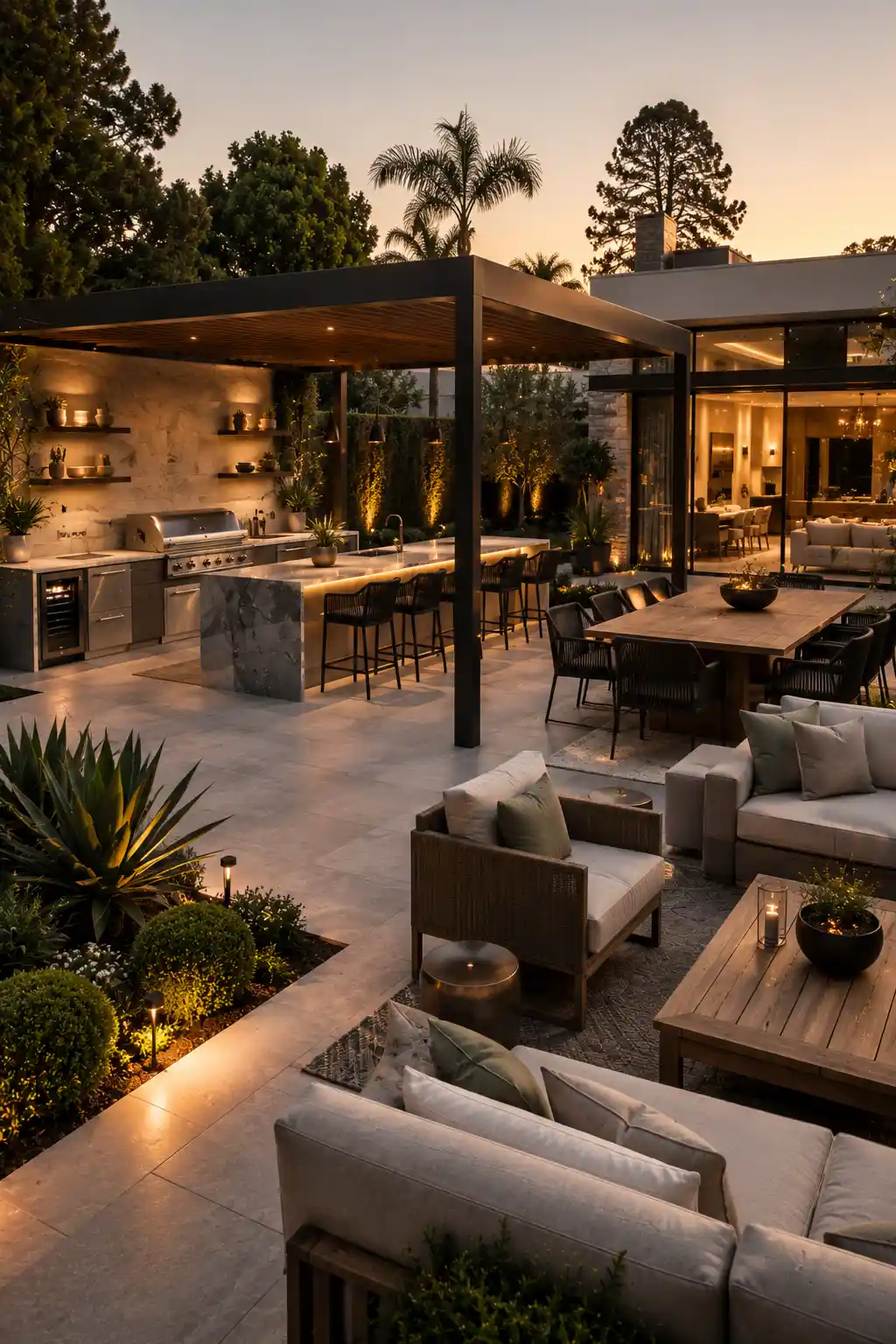 Luxury outdoor kitchen garden with built in grill, premium stone countertops, pergola dining area, modern outdoor cooking space, architectural landscaping, olive trees, oversized planters, elegant backyard entertaining, contemporary patio design, luxury outdoor living, designer landscape architecture, and sophisticated garden inspiration.