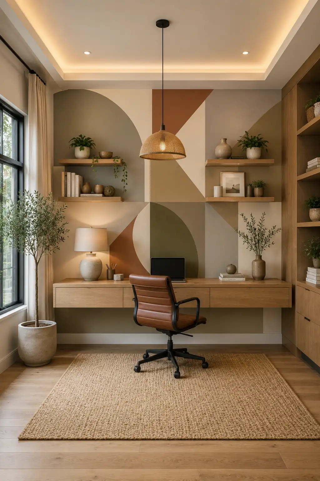 Modern geometric painted accent wall in a stylish home office featuring earthy beige, sage green, terracotta, cream, and taupe painted shapes, floating shelves, wooden desk, leather office chair, woven rug, indoor plants, and creative DIY geometric wall paint ideas for blank walls.