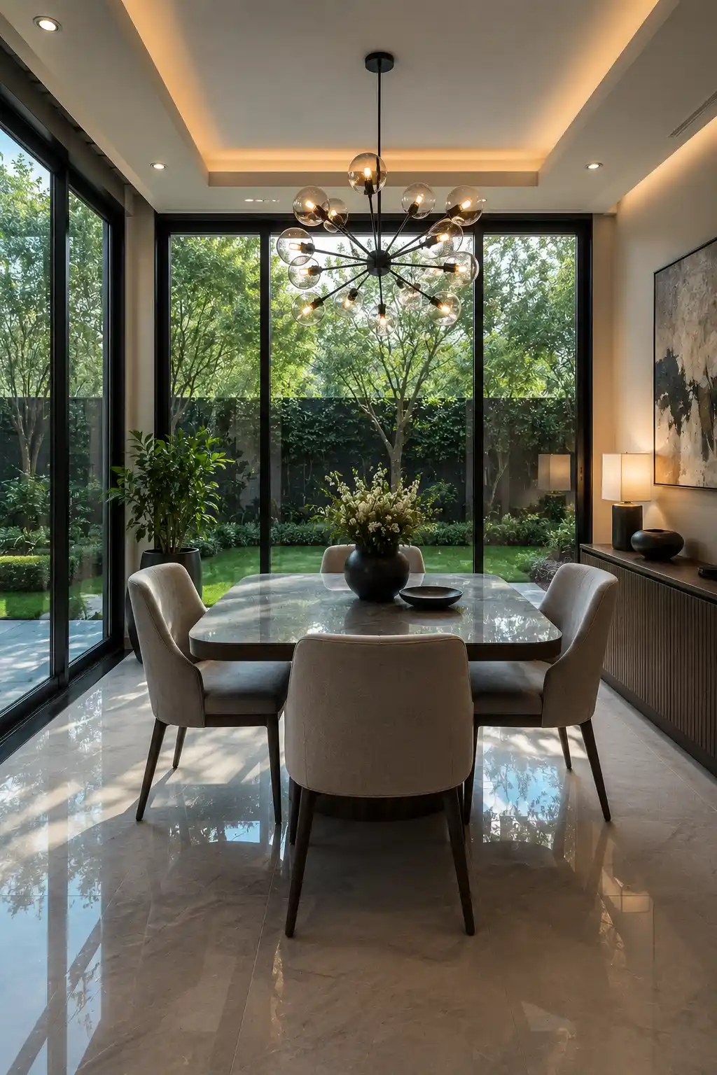 Modern small dining room with floor to ceiling black framed windows, contemporary dining table, upholstered chairs, designer chandelier, indoor plants, minimalist sideboard, polished flooring, landscaped garden views, and bright luxury residential interior.