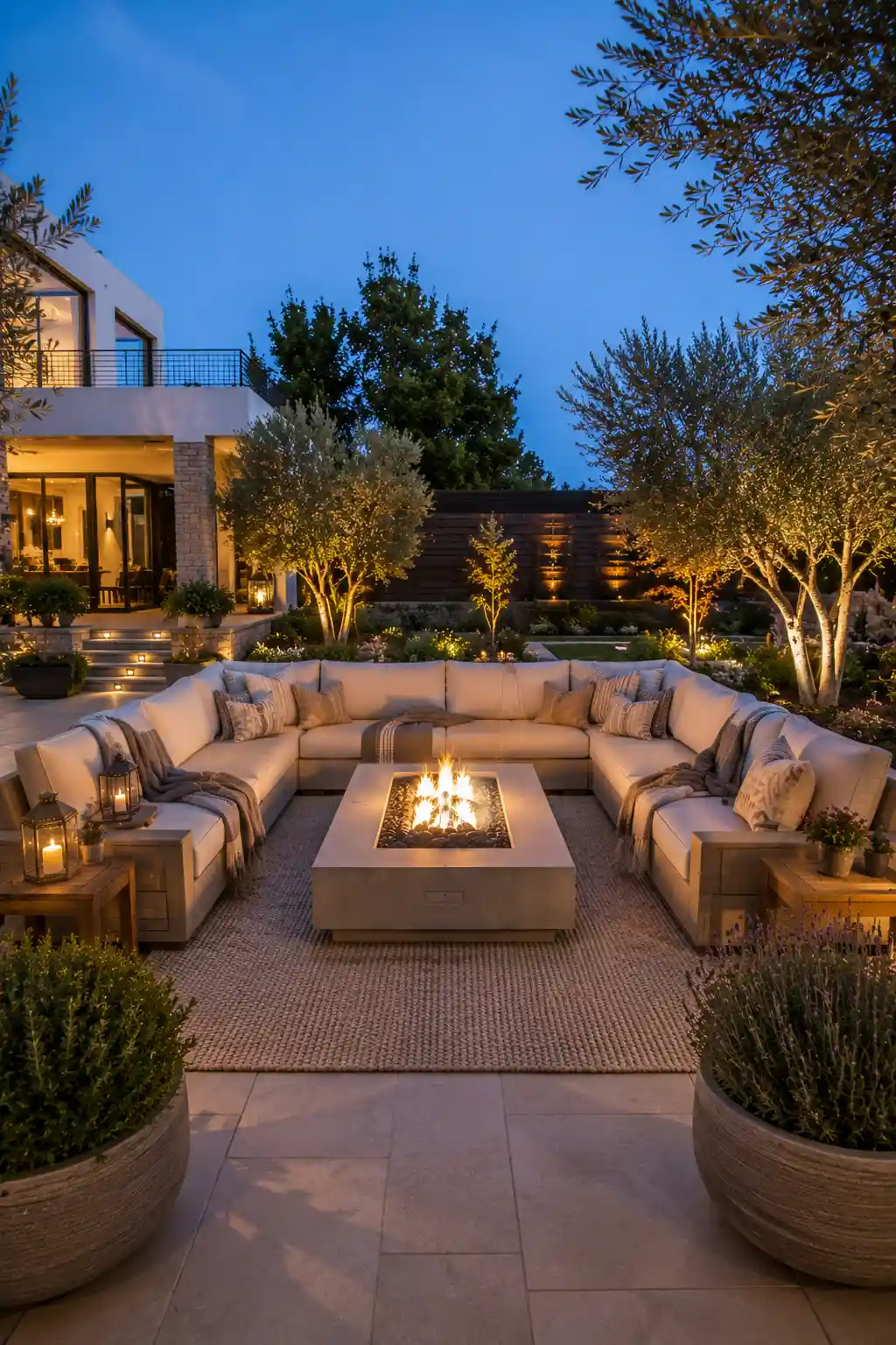 Large outdoor sectional sofa surrounding a modern rectangular gas fire table, luxury contemporary backyard patio, textured outdoor rug, decorative lanterns, oversized planters, architectural landscape lighting, mature olive trees, premium outdoor living room, and elegant backyard entertaining space.