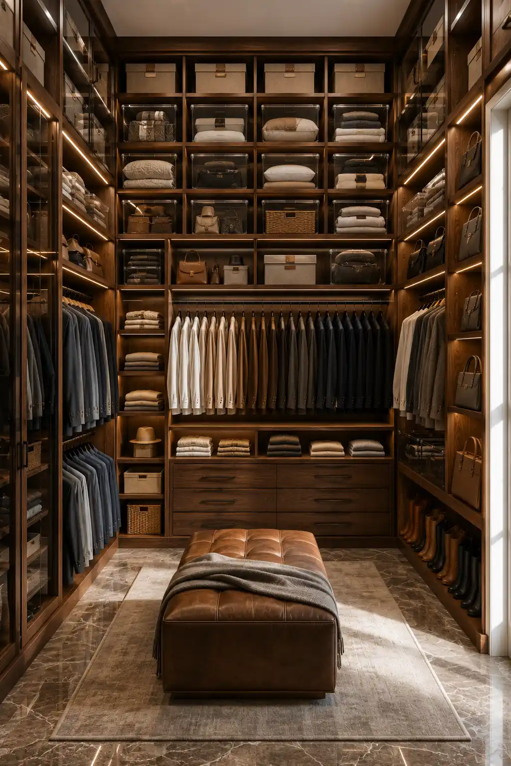 Small closet organization ideas featuring stackable storage boxes filled with seasonal clothing, bedding, handbags, travel accessories, folded sweaters, and storage containers. Luxury custom closet with vertical shelving, hanging clothes, drawers, and smart storage solutions that maximize every shelf.
