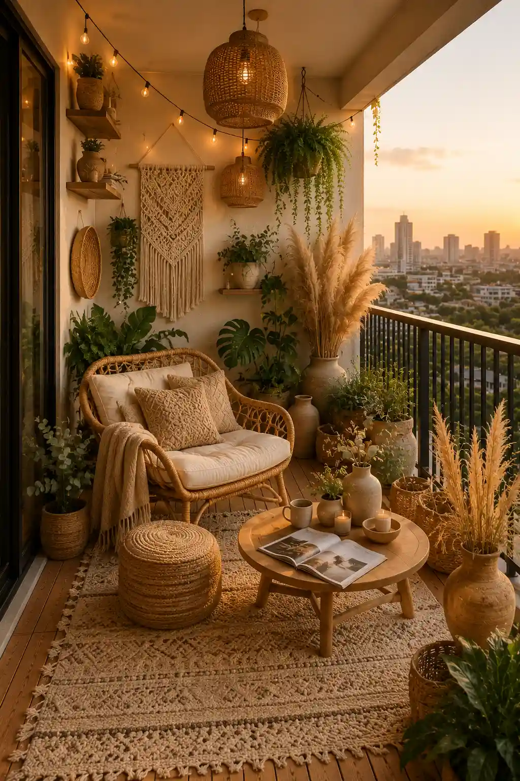 Modern boho inspired small apartment balcony decorated with woven rattan furniture, textured outdoor rug, macramé wall décor, pampas grass, ceramic planters, Monstera plants, warm string lights, natural wood flooring, and cozy neutral styling for an inviting outdoor retreat.