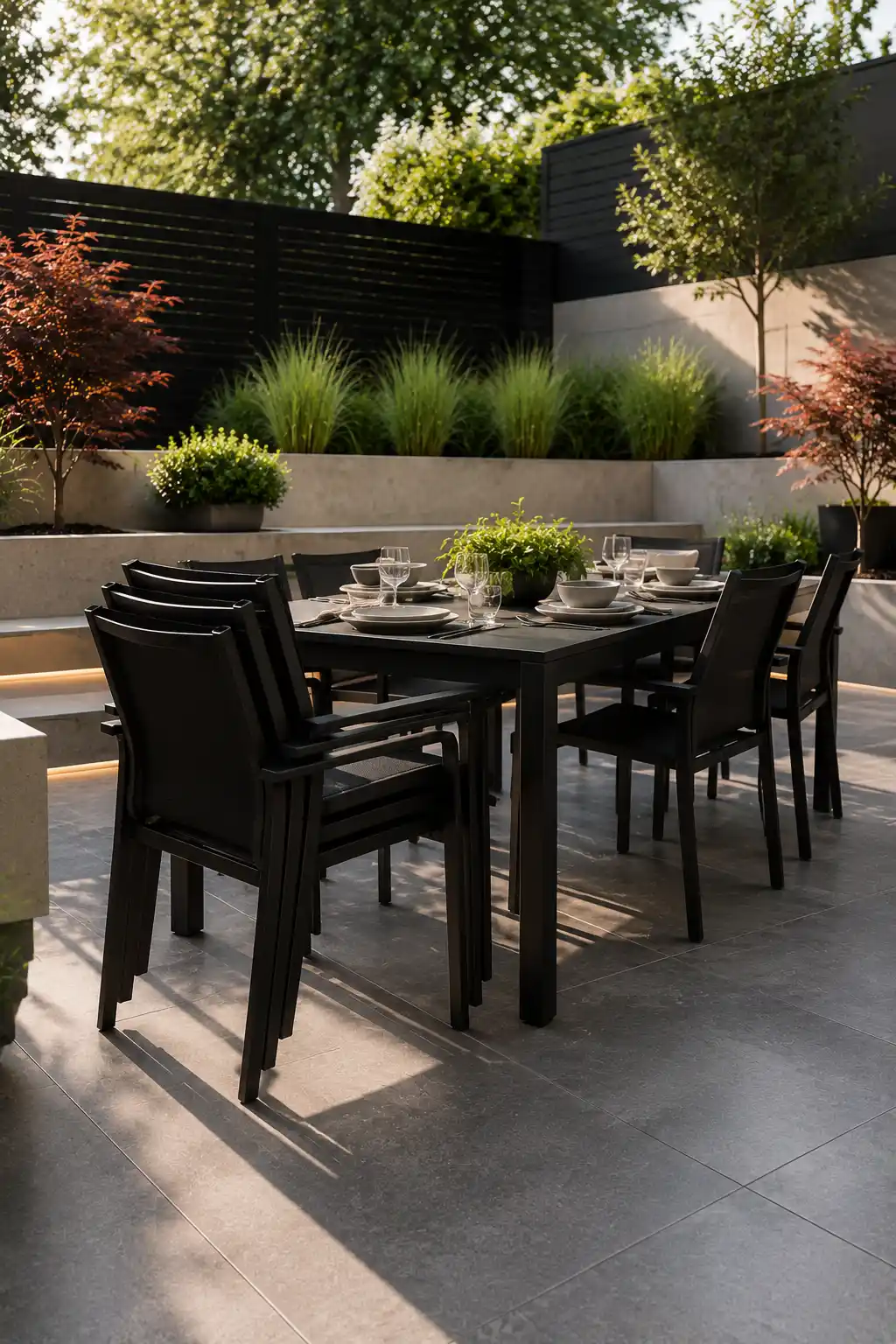 Stackable matte black outdoor dining chairs around a contemporary dining table on a modern patio featuring architectural landscaping, charcoal porcelain pavers, layered greenery, elegant outdoor lighting, and space saving dining furniture ideas for small patios.