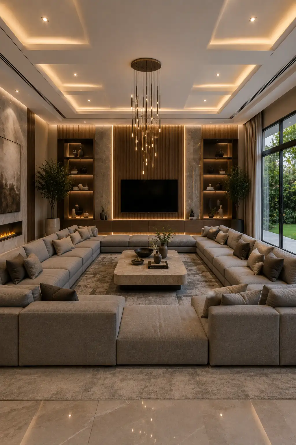 Oversized grey sectional living room featuring wraparound modular seating, luxury TV feature wall, illuminated display shelves, marble accents, statement pendant chandelier, oversized stone coffee table, floor to ceiling windows, warm ambient lighting, designer décor, and an elegant modern entertaining space for large families.