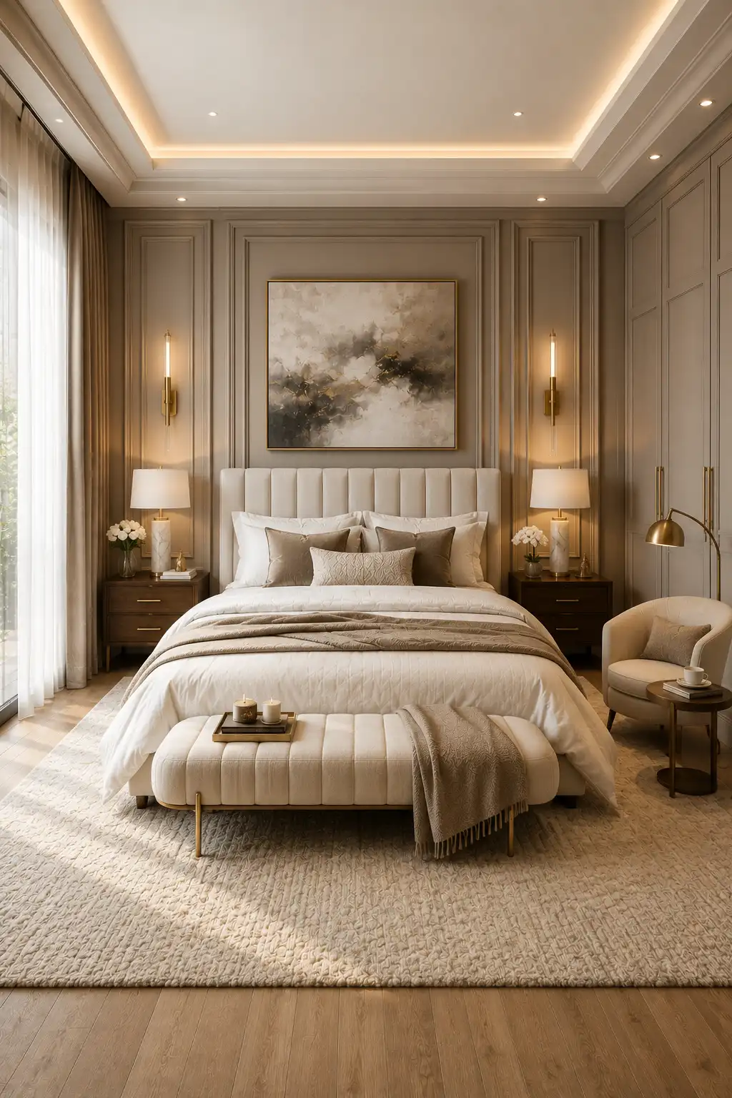 Boutique hotel inspired guest bedroom featuring a tall cream upholstered bed with luxury layered bedding, decorative wall molding, walnut nightstands, marble table lamps, brass wall sconces, upholstered bench with soft throw blanket, oversized abstract artwork, plush textured area rug, cozy reading chair, warm cove lighting, built in cabinetry, and elegant hotel style guest bedroom décor.
