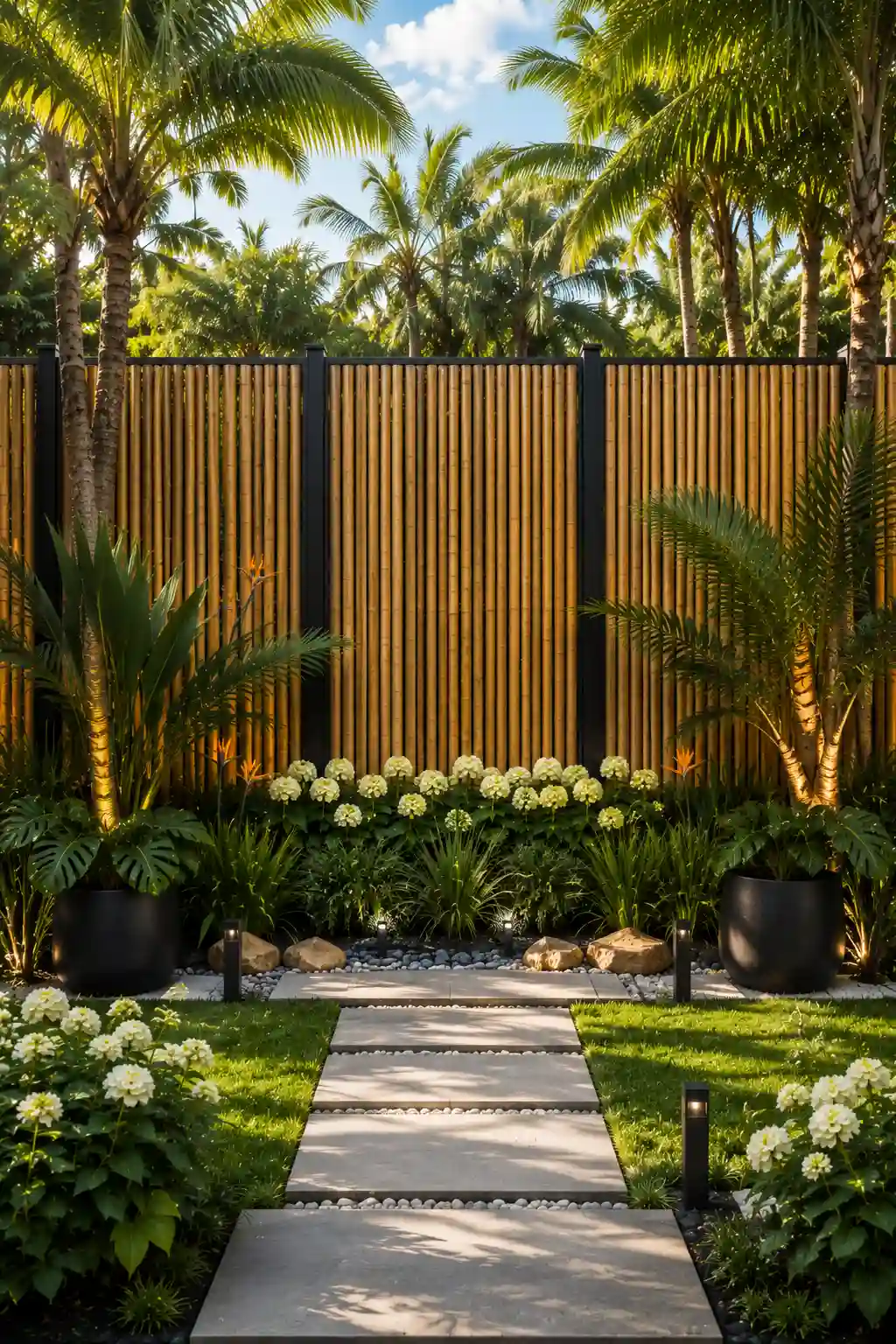 Contemporary bamboo garden fence with natural bamboo poles, black framing, tropical palm trees, bird of paradise plants, monstera, white hydrangeas, decorative gravel, concrete stepping stone pathway, luxury tropical backyard landscaping, eco friendly privacy fencing ideas, resort style outdoor inspiration.