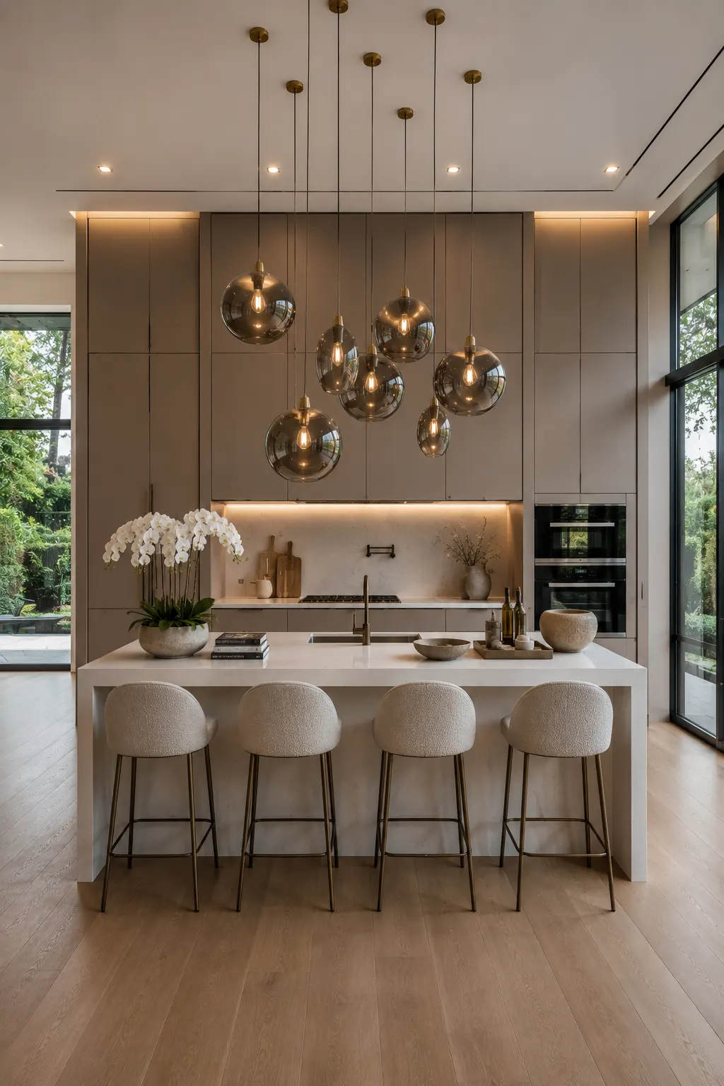 Modern luxury kitchen with asymmetrical smoked glass globe pendant light cluster above a white waterfall kitchen island, taupe handleless cabinets, upholstered counter stools, white orchid centerpiece, hidden LED lighting, large windows, sculptural pendant lighting installation, contemporary kitchen island lighting ideas, luxury designer kitchen inspiration