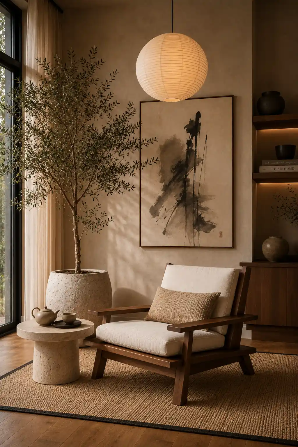 Japandi inspired mid century modern living room with walnut lounge chair, paper lantern pendant light, indoor olive tree, stone side table, textured neutral rug, handcrafted ceramic decor, floating walnut cabinetry, warm minimalist styling, cozy designer reading corner, elegant modern home inspiration.