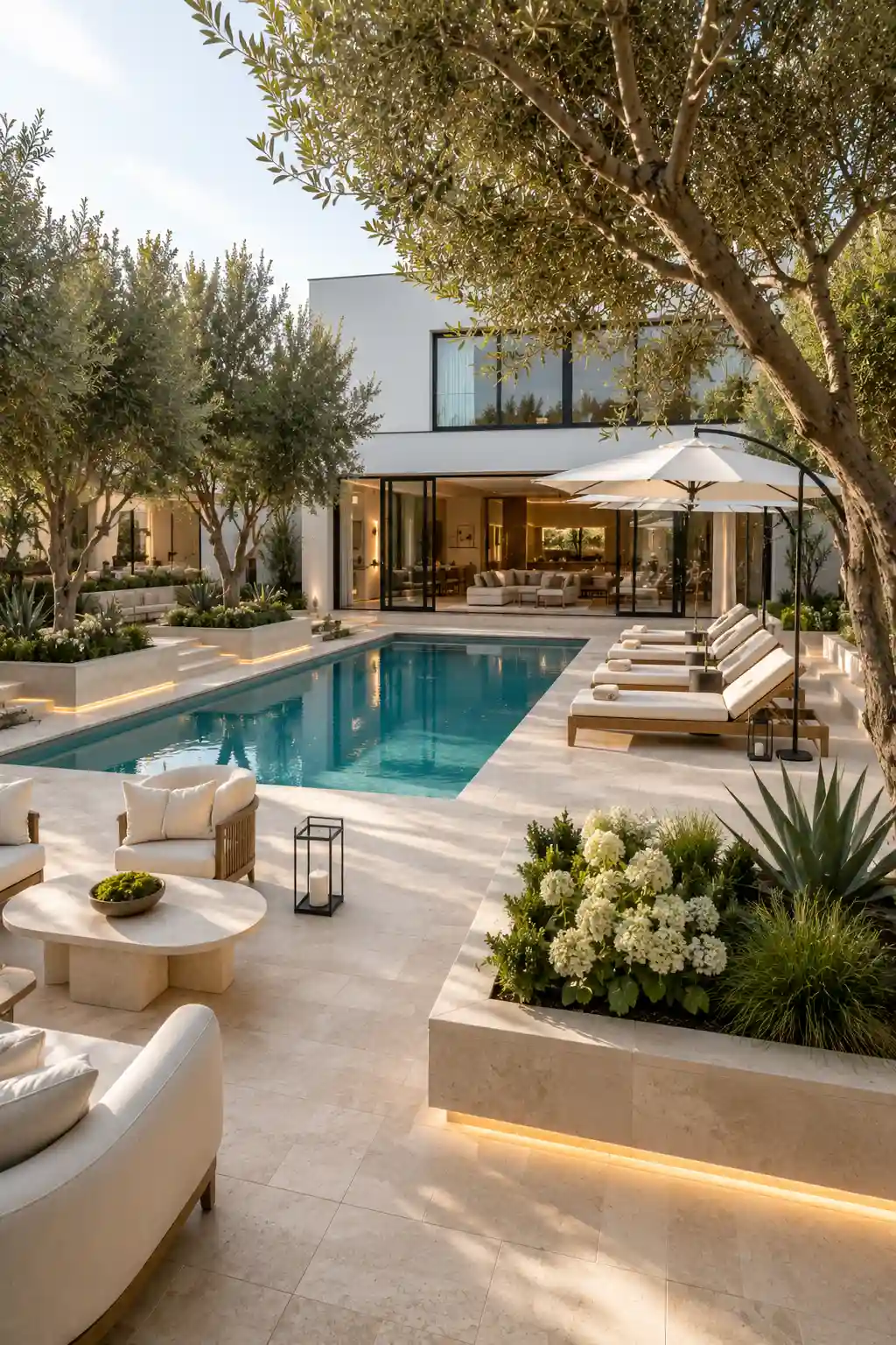 Luxury backyard pool framed with raised limestone landscape planters, mature olive trees, flowering hydrangeas, sculptural agave plants, elegant swimming pool, premium chaise lounge chairs, oversized umbrellas, contemporary white home, resort style landscaping, sophisticated poolside garden design, modern luxury outdoor living inspiration.