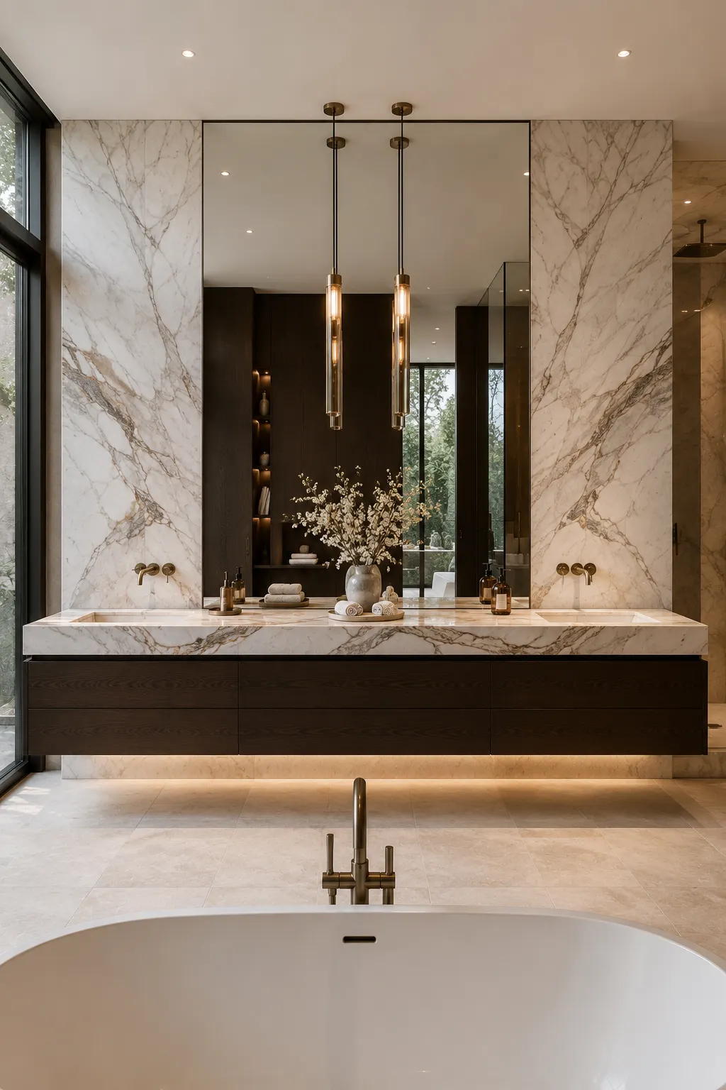 Luxury marble double bathroom vanity with dramatic natural stone veining, dark floating wood cabinetry, two integrated sinks, full height mirror, statement pendant lights, warm under cabinet lighting, and elegant modern bathroom decor.