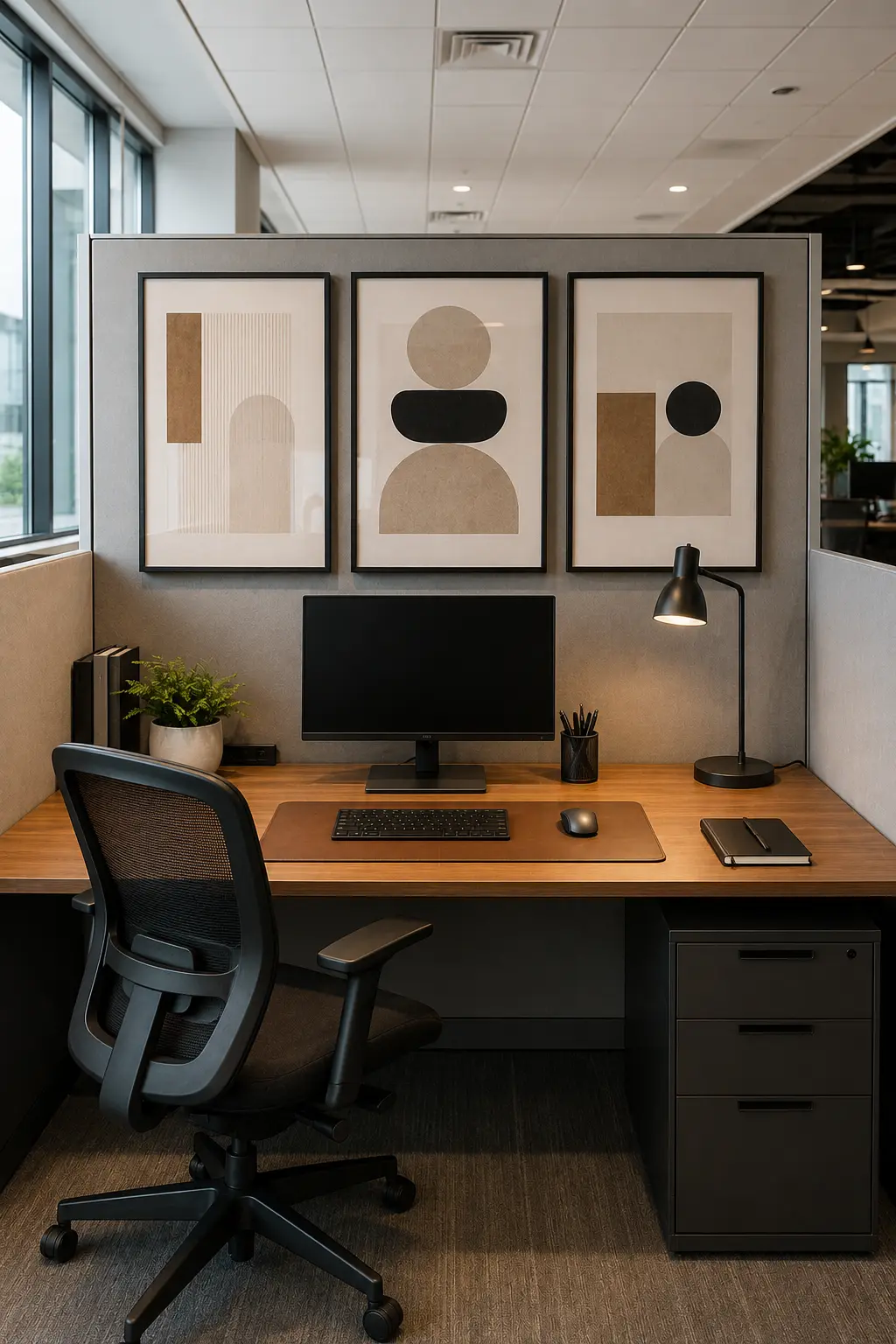 Modern cubicle decor ideas with abstract framed wall art, wooden office desk, minimalist office decor, ergonomic chair, indoor plant, desk lamp, neutral workspace styling, contemporary office accessories, gallery wall inspiration, and luxury cubicle decoration ideas.