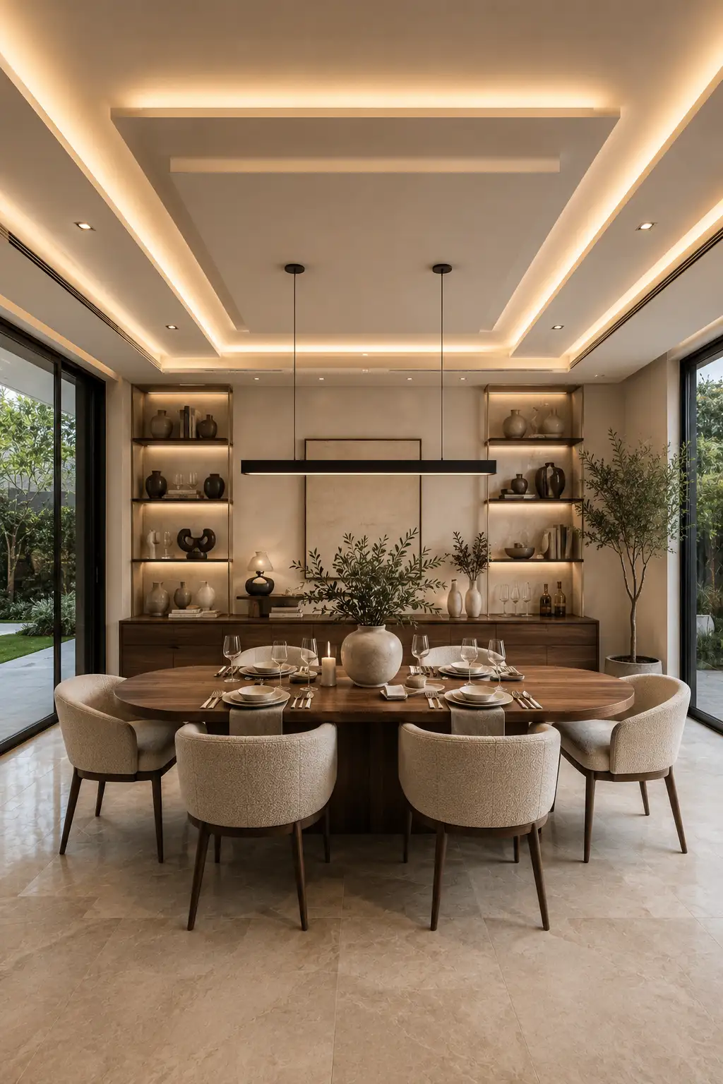 Modern luxury dining room featuring hidden cove ceiling lighting, recessed LED lights, minimalist linear pendant, solid walnut dining table, upholstered dining chairs, illuminated display shelving, oversized porcelain flooring, warm neutral interior, and sophisticated contemporary home design.