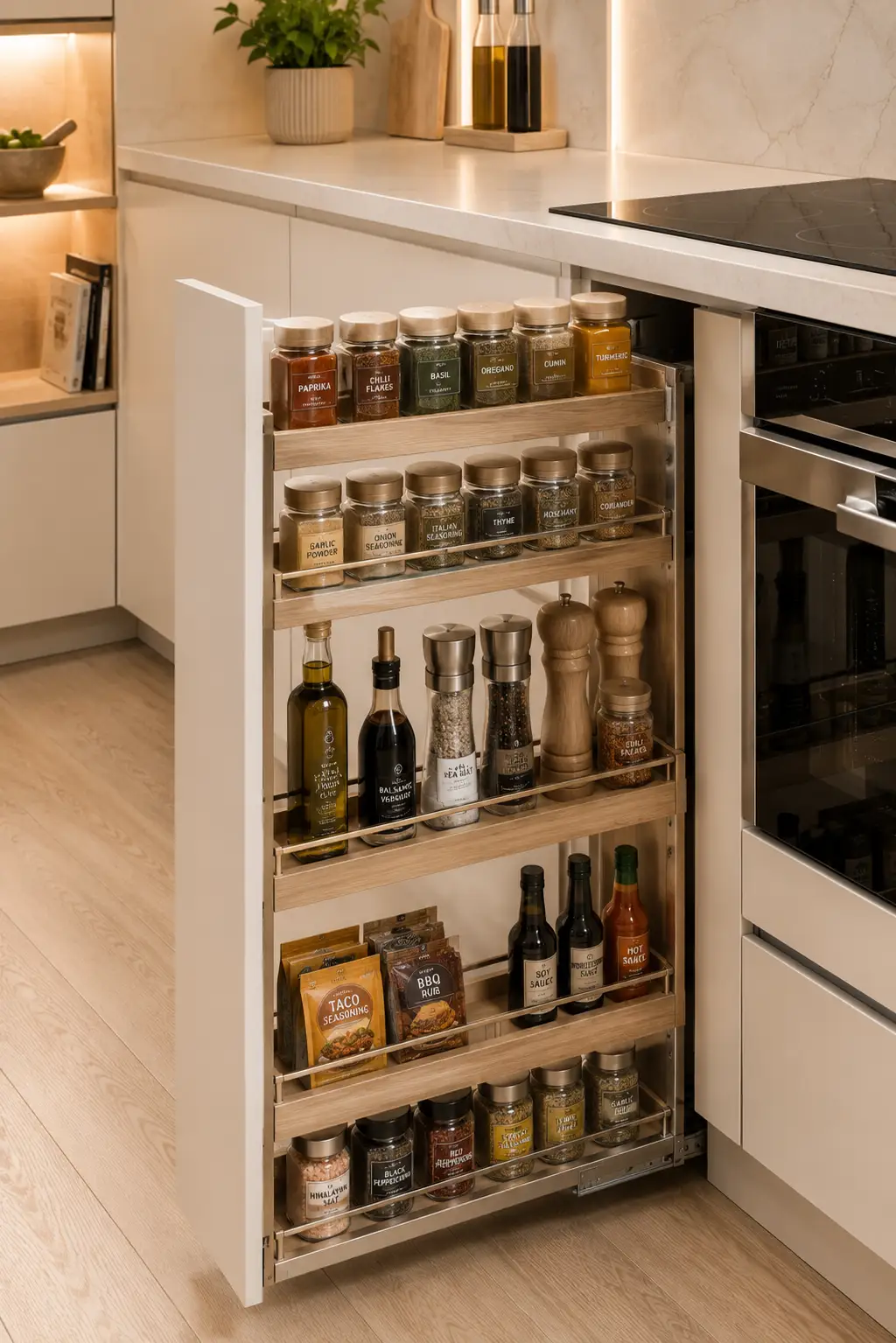 Luxury pull out spice rack cabinet beside modern cooktop, organized spice jars, cooking oils, vinegar bottles, seasoning containers, custom kitchen spice organizer, soft close pull out storage, premium kitchen cabinet organization, space saving spice storage ideas, modern small kitchen inspiration for maximum efficiency.