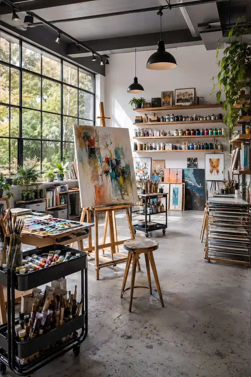 Luxury home art studio featuring professional artist easel, rolling supply carts, large canvas storage, oversized industrial windows, natural daylight, organized paint supplies, premium wood flooring, creative inspiration wall, modern shelving, bright artist workspace, elegant painting studio, luxury hobby room ideas, stylish home art room inspiration, organized creative studio design.
