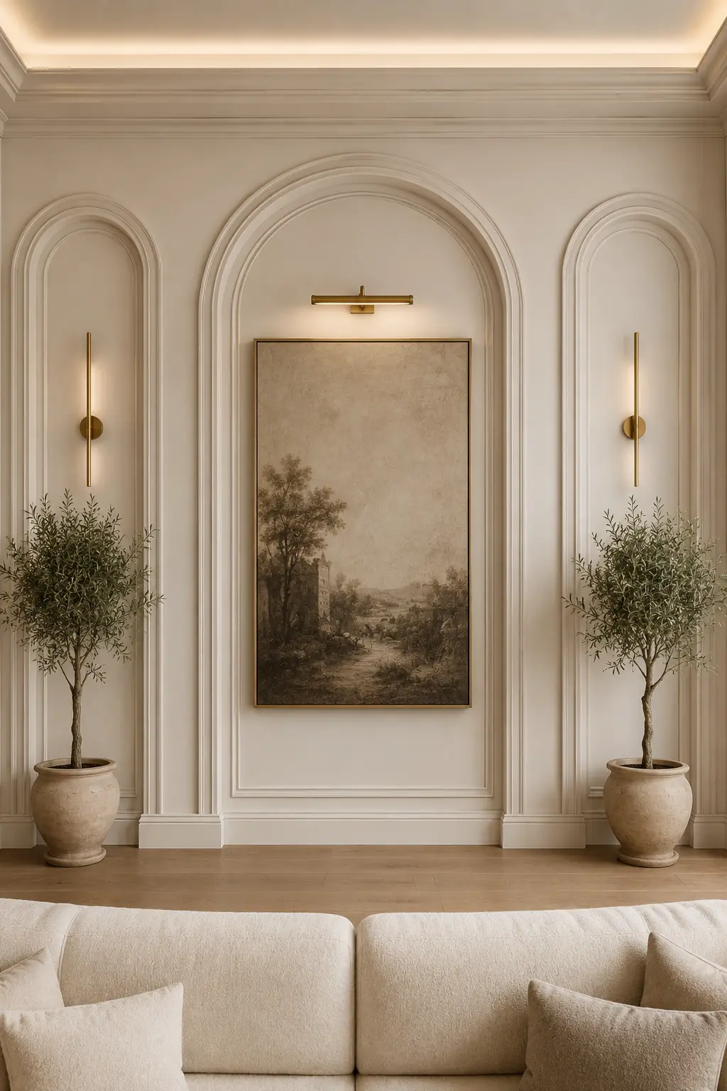 Elegant living room showcasing arched wall molding, European inspired architectural arches, vintage artwork, brass picture light, olive trees in stone planters, neutral luxury décor, and timeless custom wall panel design.
