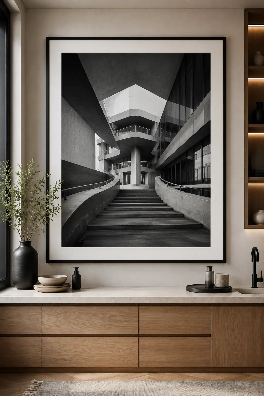 Oversized black and white architectural photography in a black gallery frame above a contemporary kitchen with wood cabinetry, quartz countertops, matte black fixtures, and elegant modern wall decor.