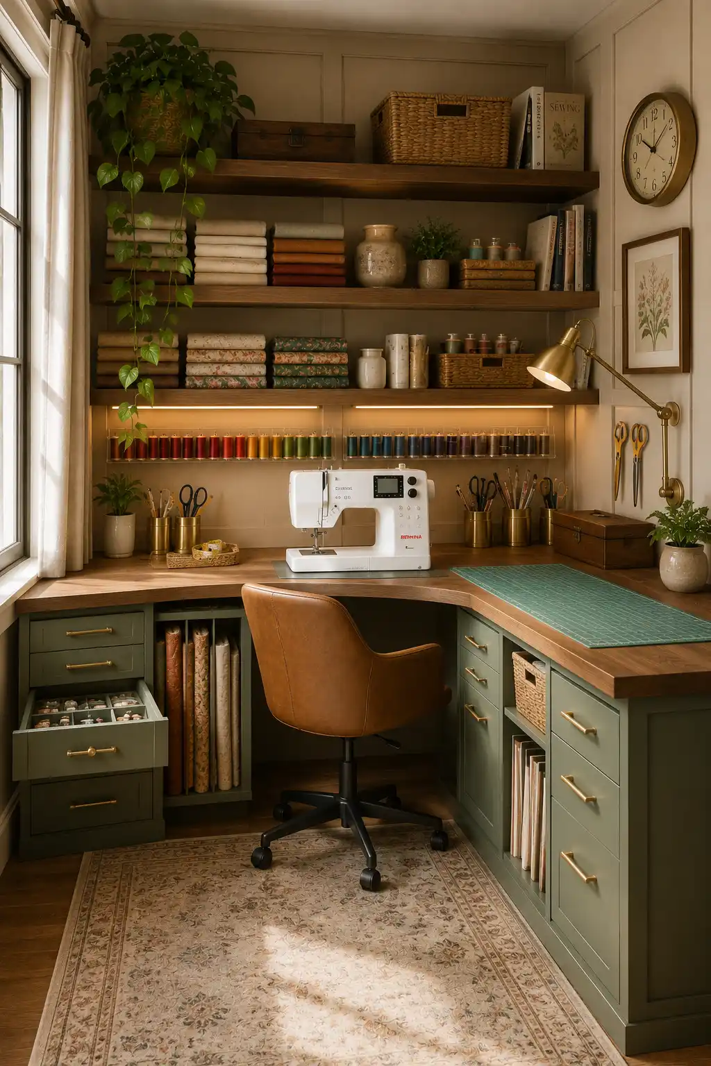 Elegant small sewing room featuring an L shaped sewing workstation with custom cabinetry, floating shelves, organized fabric storage, premium sewing machine, task lighting, decorative plants, and practical corner sewing room ideas for maximizing small spaces.