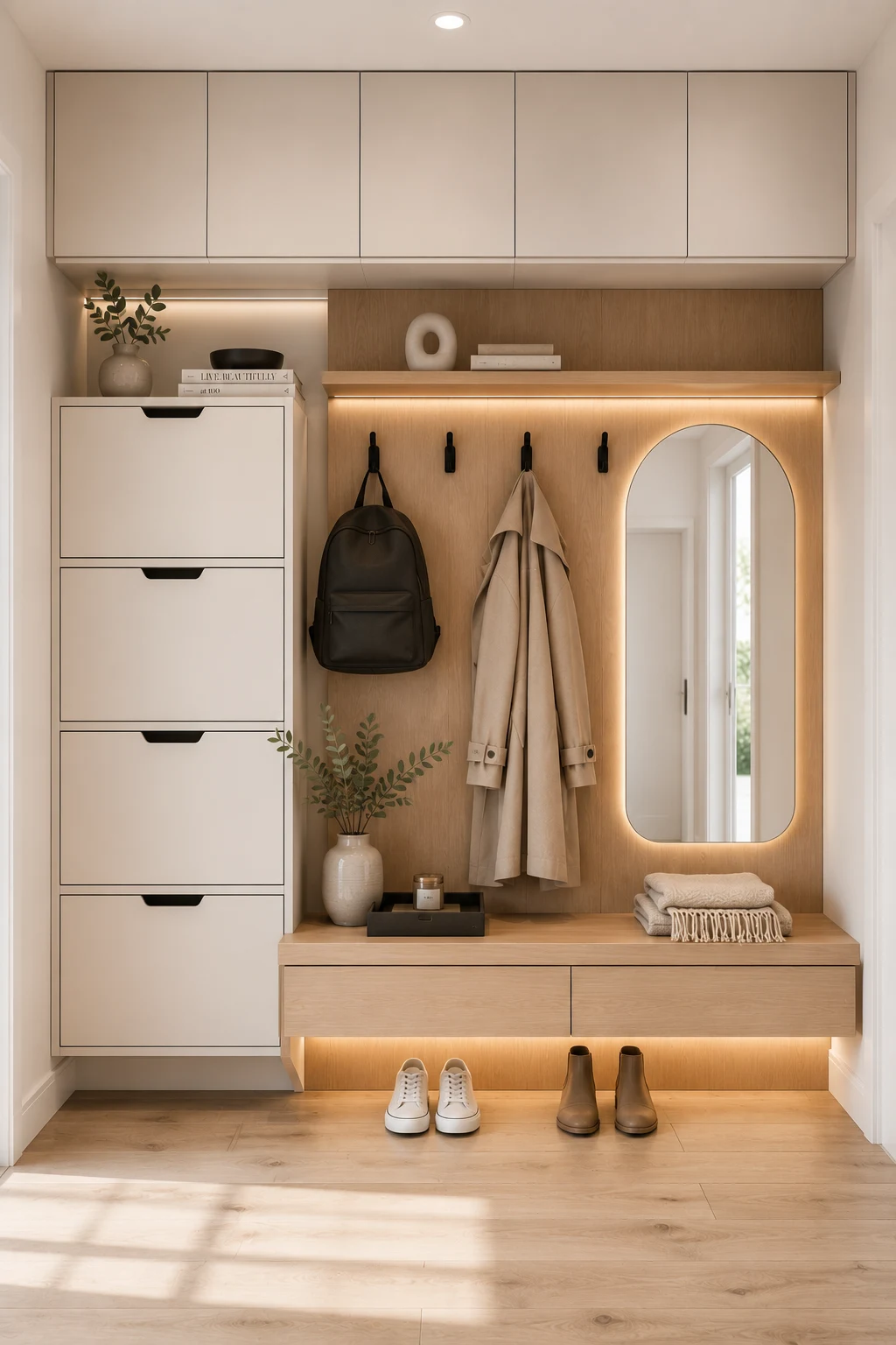 Compact IKEA mudroom featuring tall shoe cabinets, floating storage bench, backlit mirror, wall mounted hooks, overhead cabinetry, warm wood paneling, and space saving entryway organization for smaller homes.