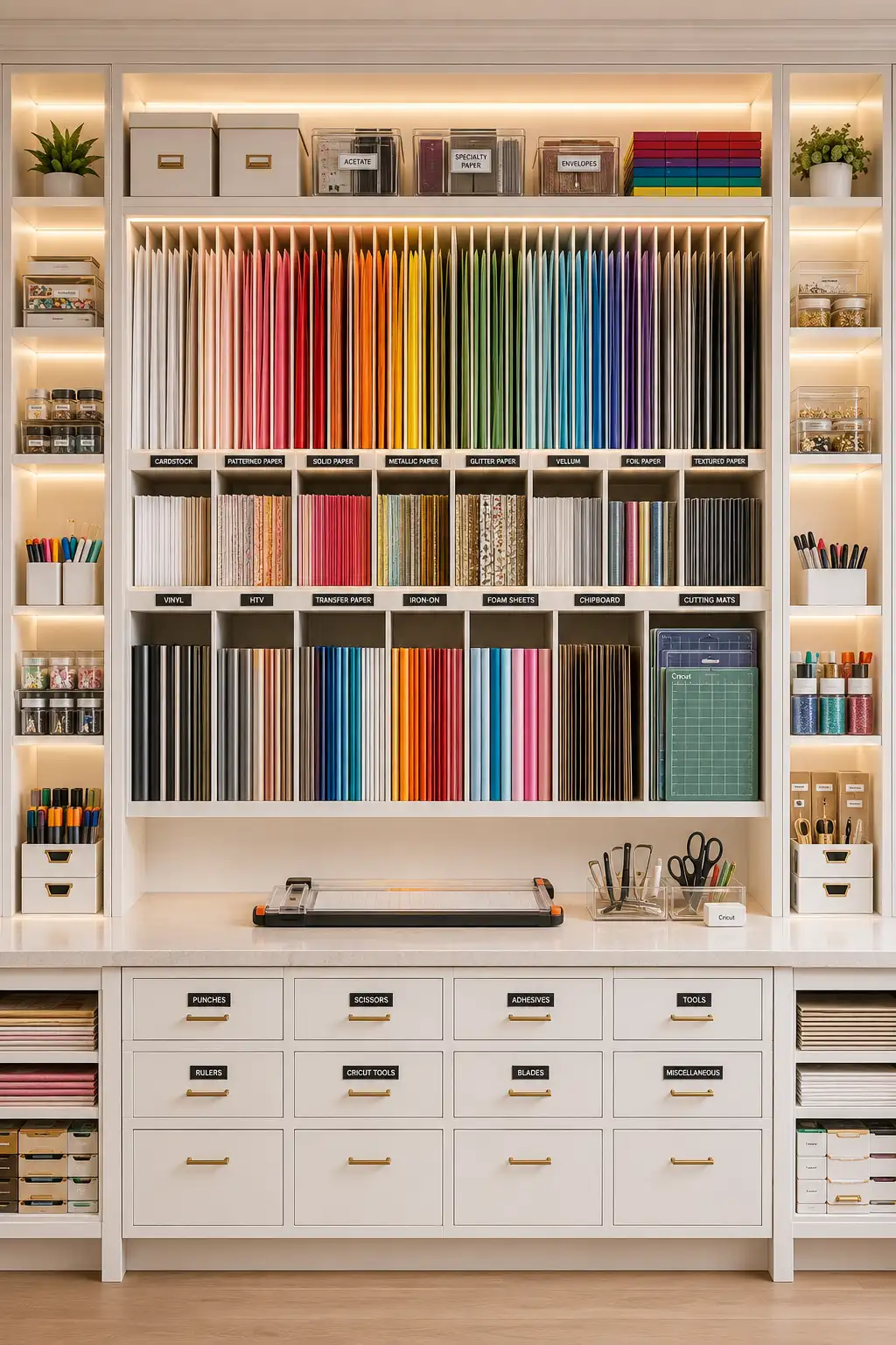 Custom vertical paper storage cabinet with organized cardstock, scrapbook paper, vinyl sheets, glitter paper, metallic paper, chipboard, cutting mats, labeled compartments, craft tools, spacious countertop, and modern craft room paper storage ideas that protect materials while keeping every sheet easy to access.