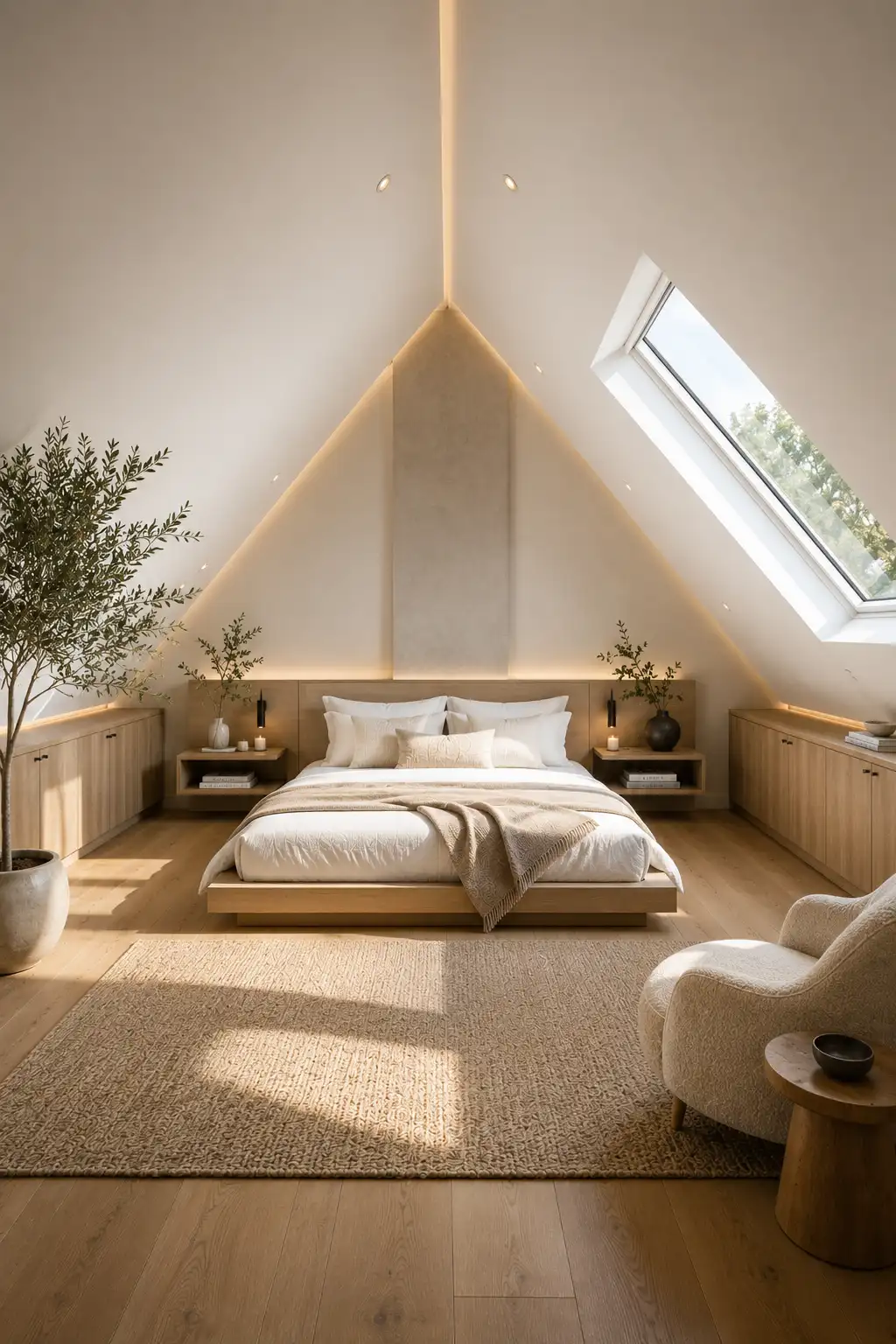 Minimalist attic bedroom with hidden warm LED lighting outlining a modern slanted ceiling, recessed architectural lighting, built in wood cabinetry, floating nightstands, neutral platform bed, skylight window, luxury contemporary bedroom, clean modern loft design, elegant illuminated vaulted ceiling inspiration with warm ambient lighting.