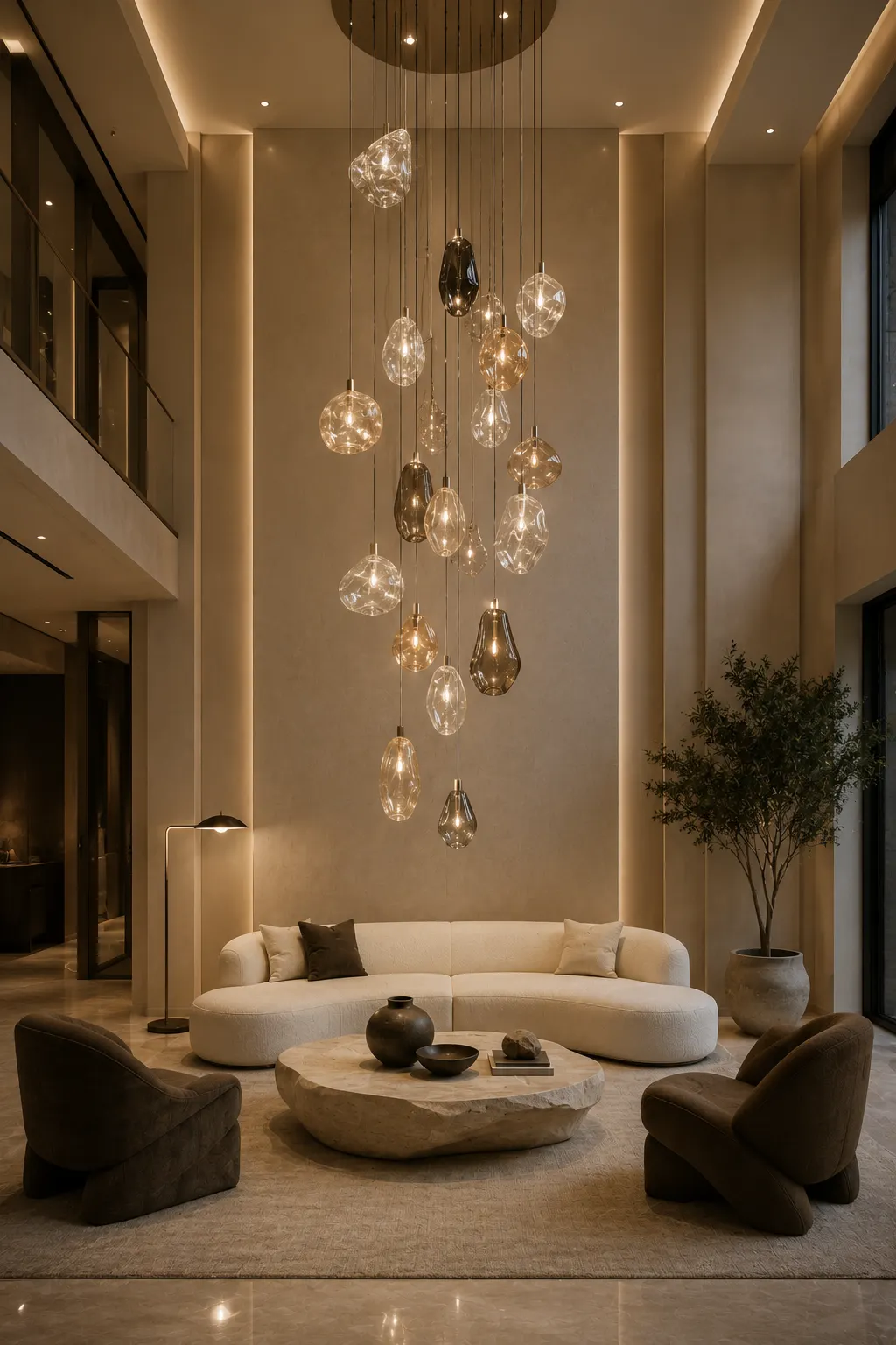 Luxury double height living room featuring a dramatic cascading glass chandelier with clear, amber, and smoked hand blown glass pendants suspended at different heights above a curved cream sofa, natural stone coffee table, dark lounge chairs, and tall indoor tree.