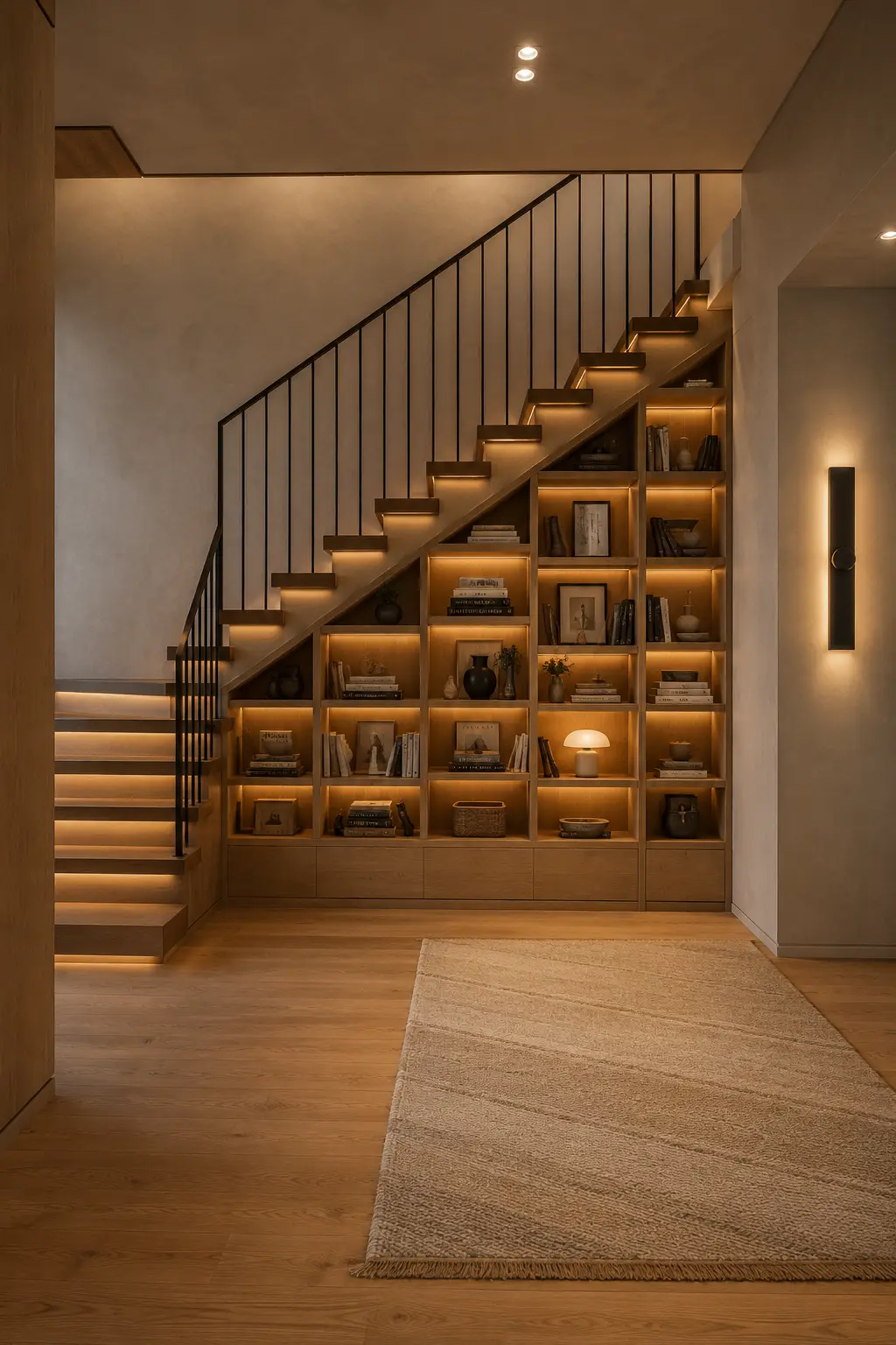 Modern staircase bookshelf design with custom warm wood shelving fitted beneath the stairs, integrated LED lighting, books, framed artwork, ceramic decor, woven baskets, closed lower cabinets, floating wooden steps, and slim black metal railings.