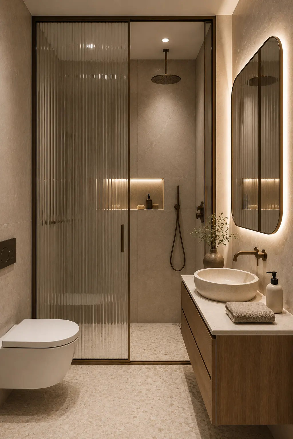Modern narrow bathroom featuring a ribbed glass walk in shower with slim dark bronze framing, warm wood floating vanity, stone vessel sink, wall mounted bronze faucet, tall rounded LED backlit mirror, illuminated shower niche, terrazzo style flooring, and warm neutral finishes.
