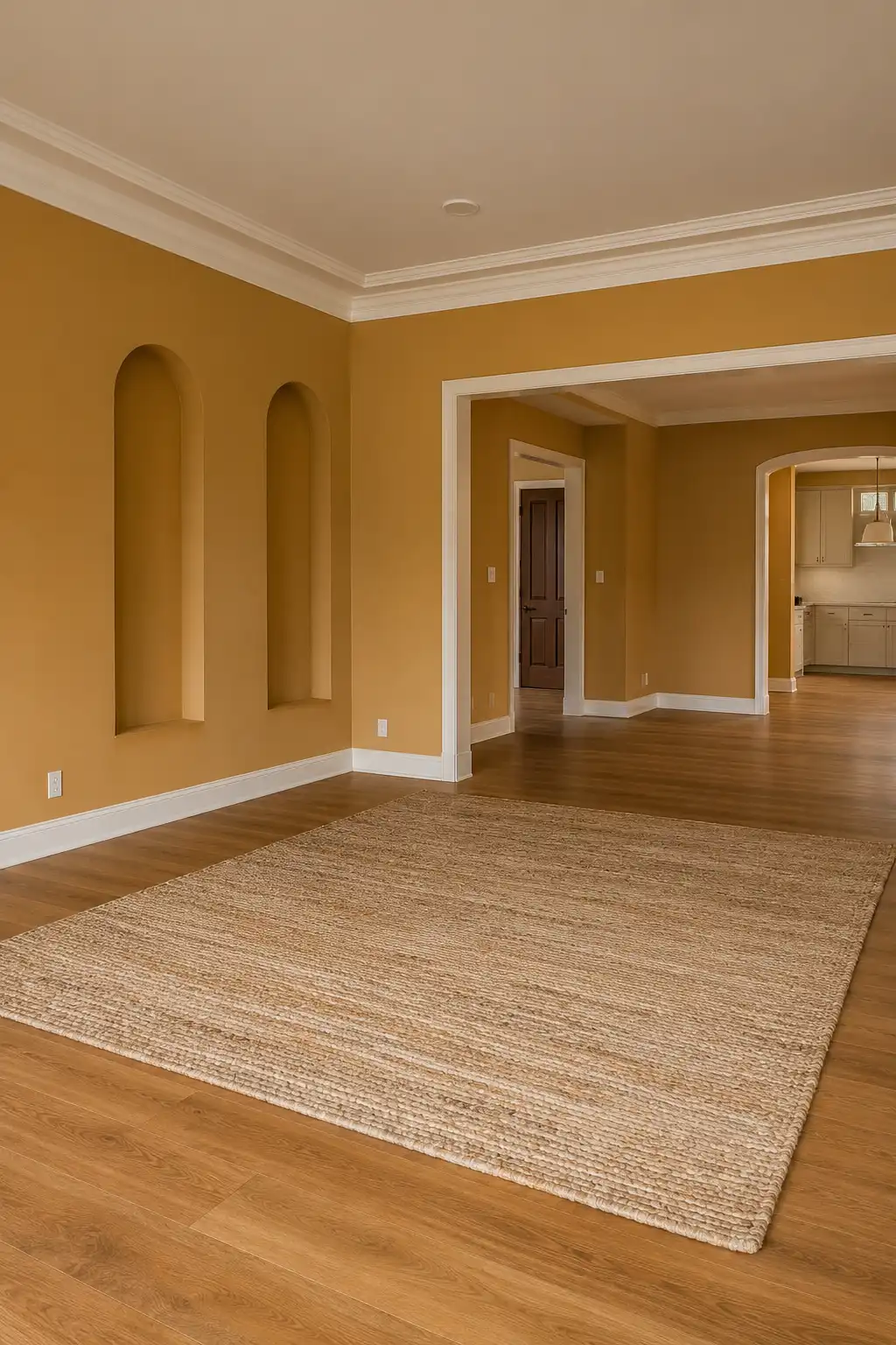 Empty warm living room with honey amber painted walls, rich golden ochre undertones, tall recessed arched wall niches, creamy white trim, medium oak flooring, and a large natural woven beige rug.