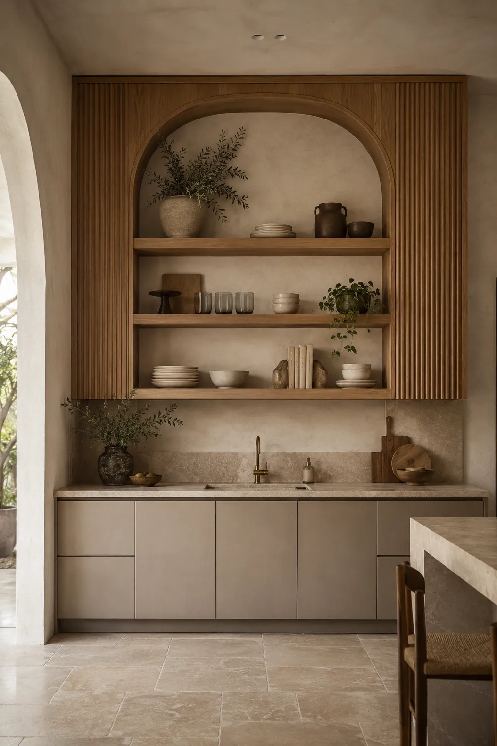 Organic modern kitchen featuring a large arched wood open shelving unit framed by detailed fluted wood panels, styled with neutral ceramic plates, clear glassware, earthy pottery, books, trailing plants, natural branches, beige cabinetry, stone countertops, and limestone flooring.