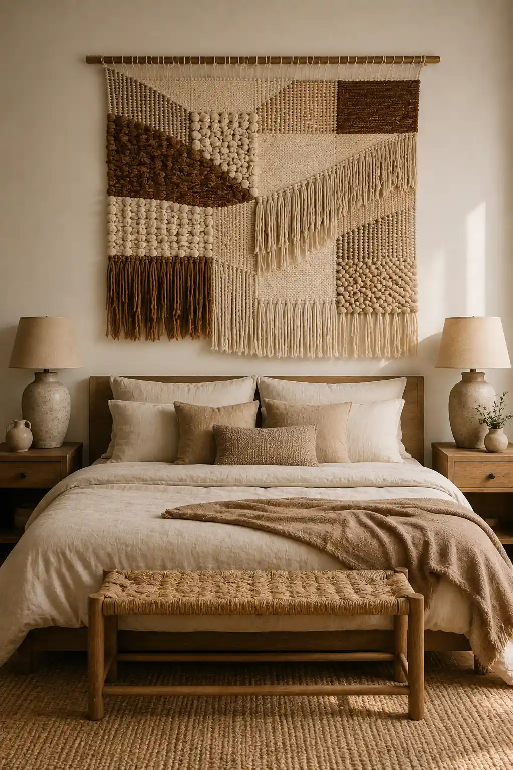 Cozy organic modern bedroom featuring a large handcrafted woven wall hanging with layered wool textures, chunky knots, loops, geometric sections, and long fringe in cream, oatmeal, caramel, and warm brown above a naturally styled neutral bed.