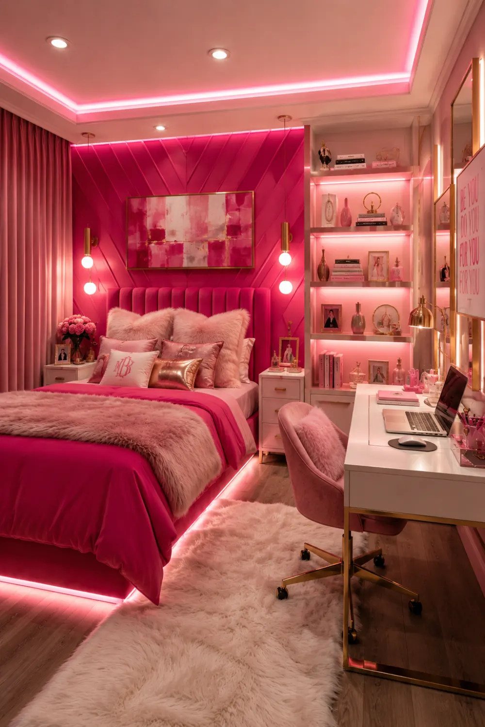 Hot pink statement dorm room with vibrant pink accent wall, velvet upholstered bed, faux fur pillows, LED lighting, floating shelves, modern study desk, gold accents, plush rug, and bold aesthetic college dorm room inspiration.