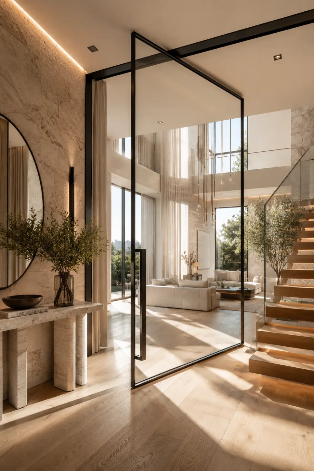 Oversized pivot glass partition door with slim black metal frame connecting a luxury entrance and living room featuring floating wood staircase, natural stone walls, floor to ceiling windows, warm daylight, and contemporary modern architecture.
