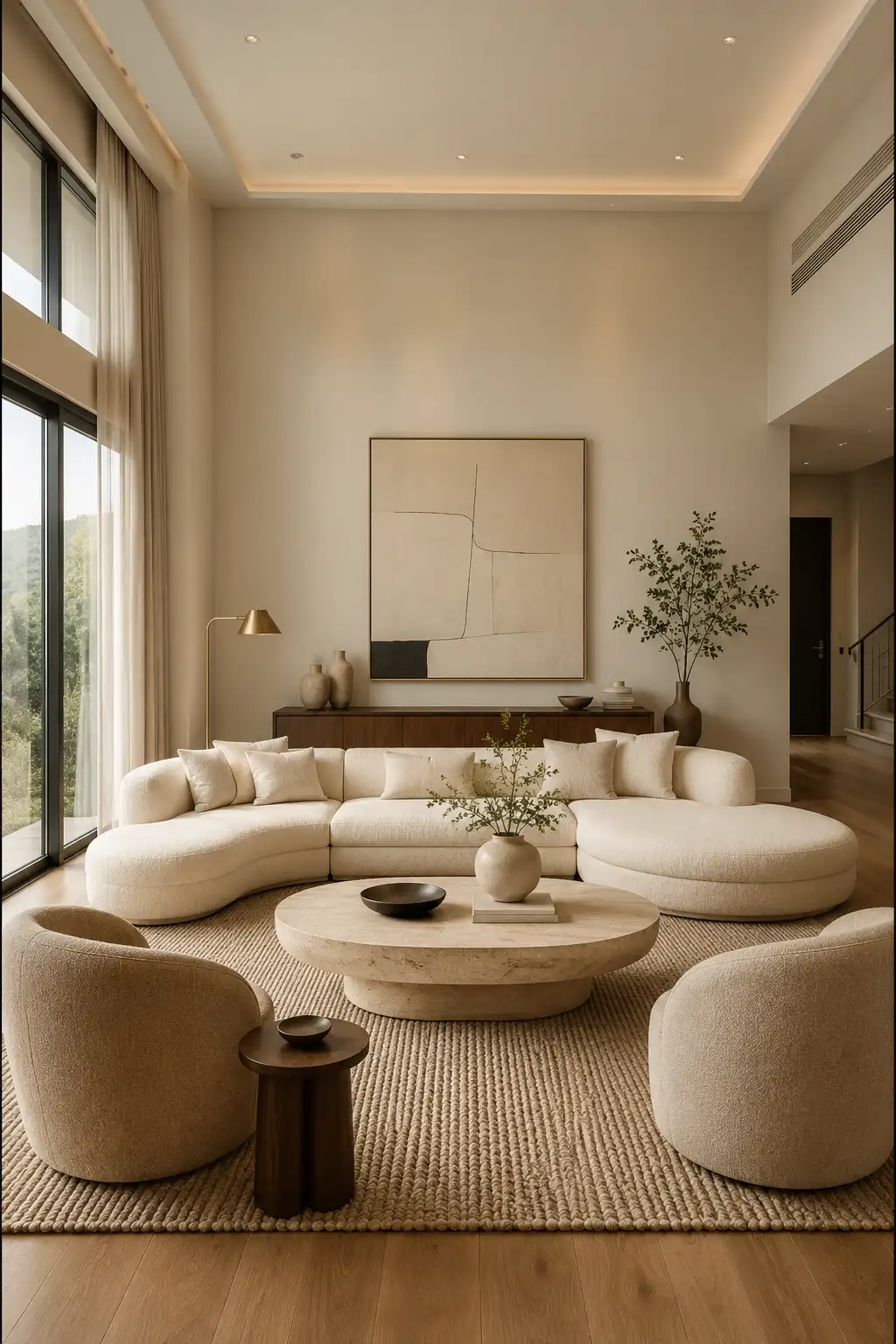 Bright luxury living room with warm ivory painted walls, a large curved cream sectional sofa, matching boucle accent chairs, an oval travertine coffee table, textured neutral rug, warm walnut console, minimalist artwork, brass floor lamp, and tall windows.