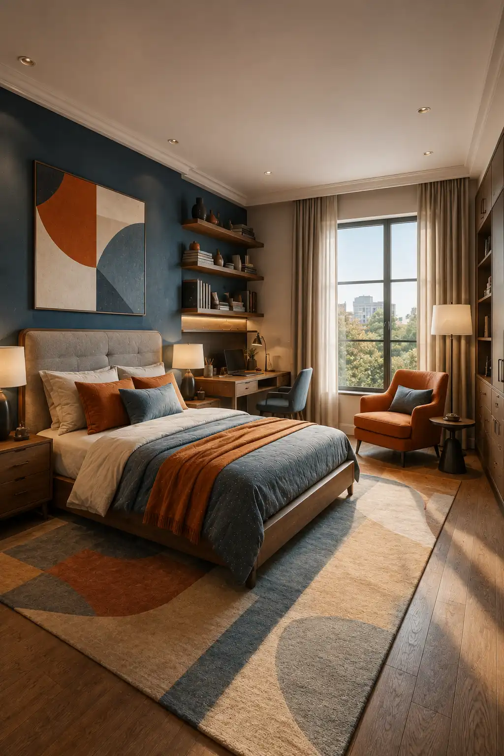Dusty blue and burnt orange boys’ bedroom featuring a rich blue accent wall, upholstered bed, layered blue and neutral bedding, burnt orange cushions and throw, abstract wall art, floating shelves, compact study desk, orange reading chair, geometric rug, and warm natural sunlight.