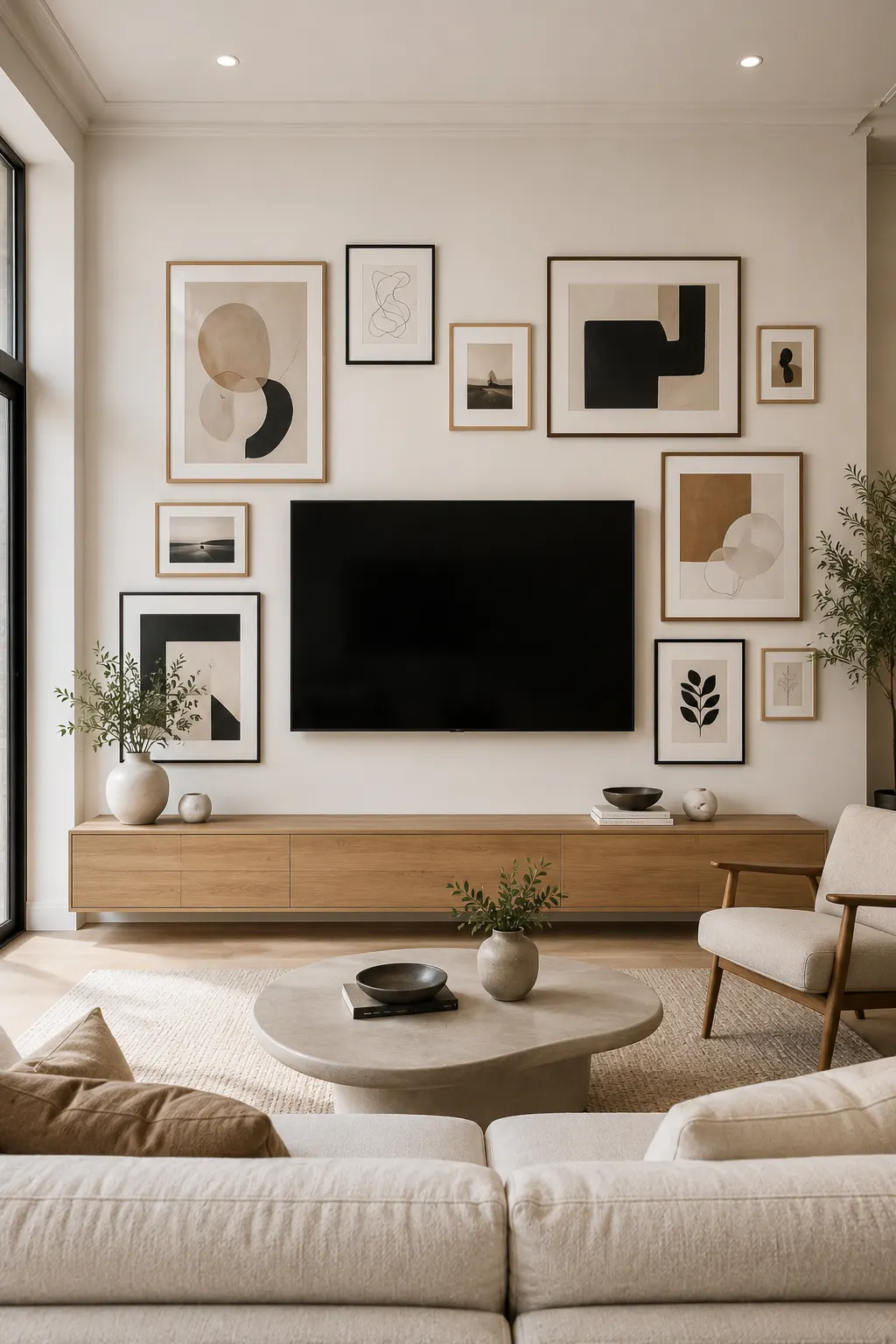 Modern gallery TV wall featuring a large wall mounted television surrounded by neutral abstract art, minimalist photography, organic prints, and mixed black and light wood frames, styled with a long oak console, cream seating, sculptural coffee table, and contemporary living room decor.