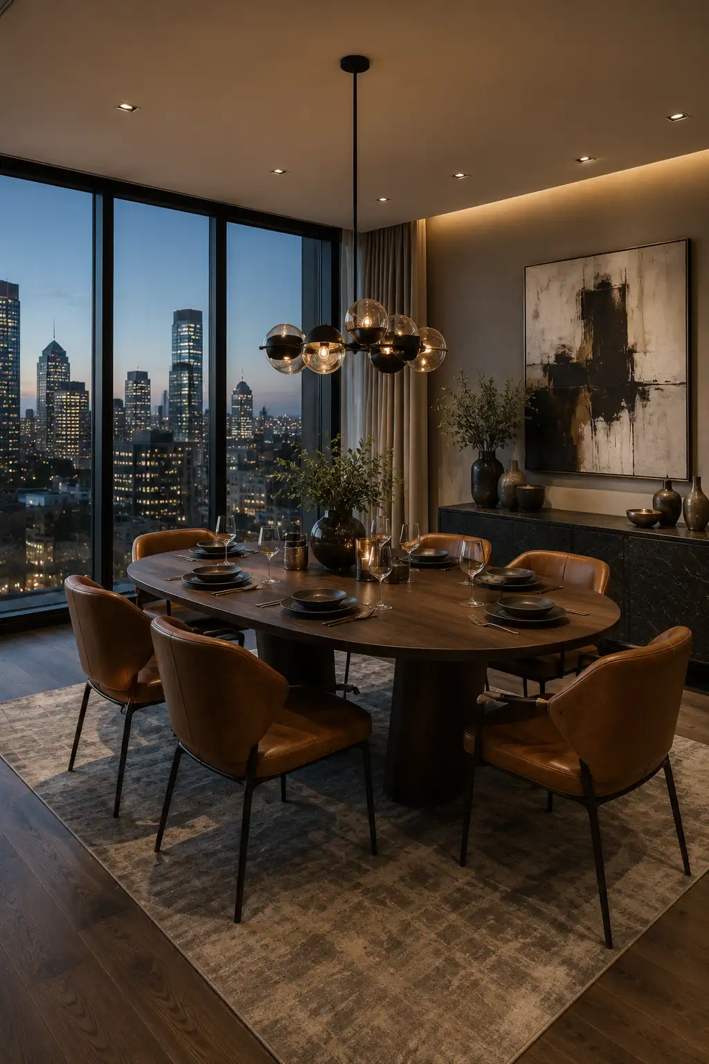 Urban contemporary dining room featuring a dark oval wood dining table, cognac leather chairs with slim black frames, sculptural smoked glass pendant lighting, oversized abstract artwork, dark sideboard, textured area rug, warm layered lighting, and floor to ceiling windows overlooking an evening city skyline.