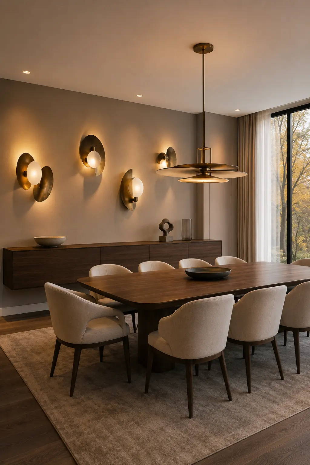 Sophisticated modern dining room featuring an artistic arrangement of sculptural bronze and frosted glass wall sconces, warm ambient lighting, long floating walnut sideboard, minimal decorative objects, dark wood dining table, and neutral upholstered chairs.
