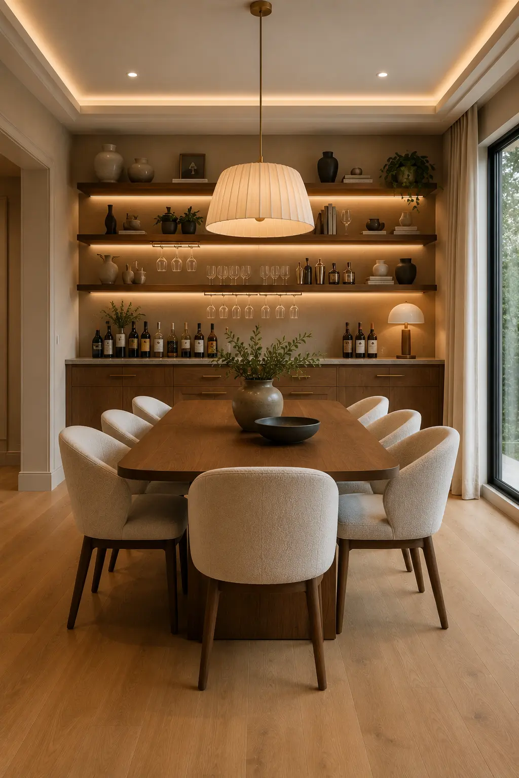 DIY floating home bar with walnut display shelves, concealed warm LED lighting, decorative glassware, ceramic vases, indoor plants, modern dining table, upholstered chairs, oak flooring, and elegant contemporary dining room interior.
