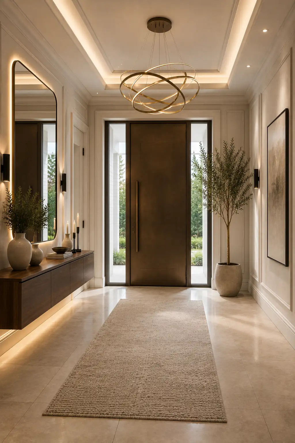 Elegant modern transitional entrance hall featuring decorative wall moldings, floating walnut console, oversized LED backlit mirror, sculptural ring chandelier, warm wood front door, porcelain flooring, indoor olive trees, premium décor accessories, and a timeless luxury home entryway.