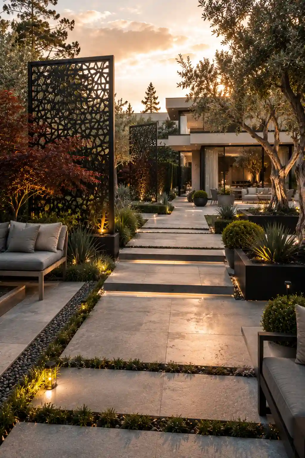 Contemporary privacy screen garden featuring decorative laser cut metal panels, modern landscape design, oversized planters, ornamental grasses, olive trees, architectural pathways, elegant outdoor seating, luxury backyard privacy ideas, premium residential landscaping, designer garden layout, and sophisticated modern outdoor living inspiration.