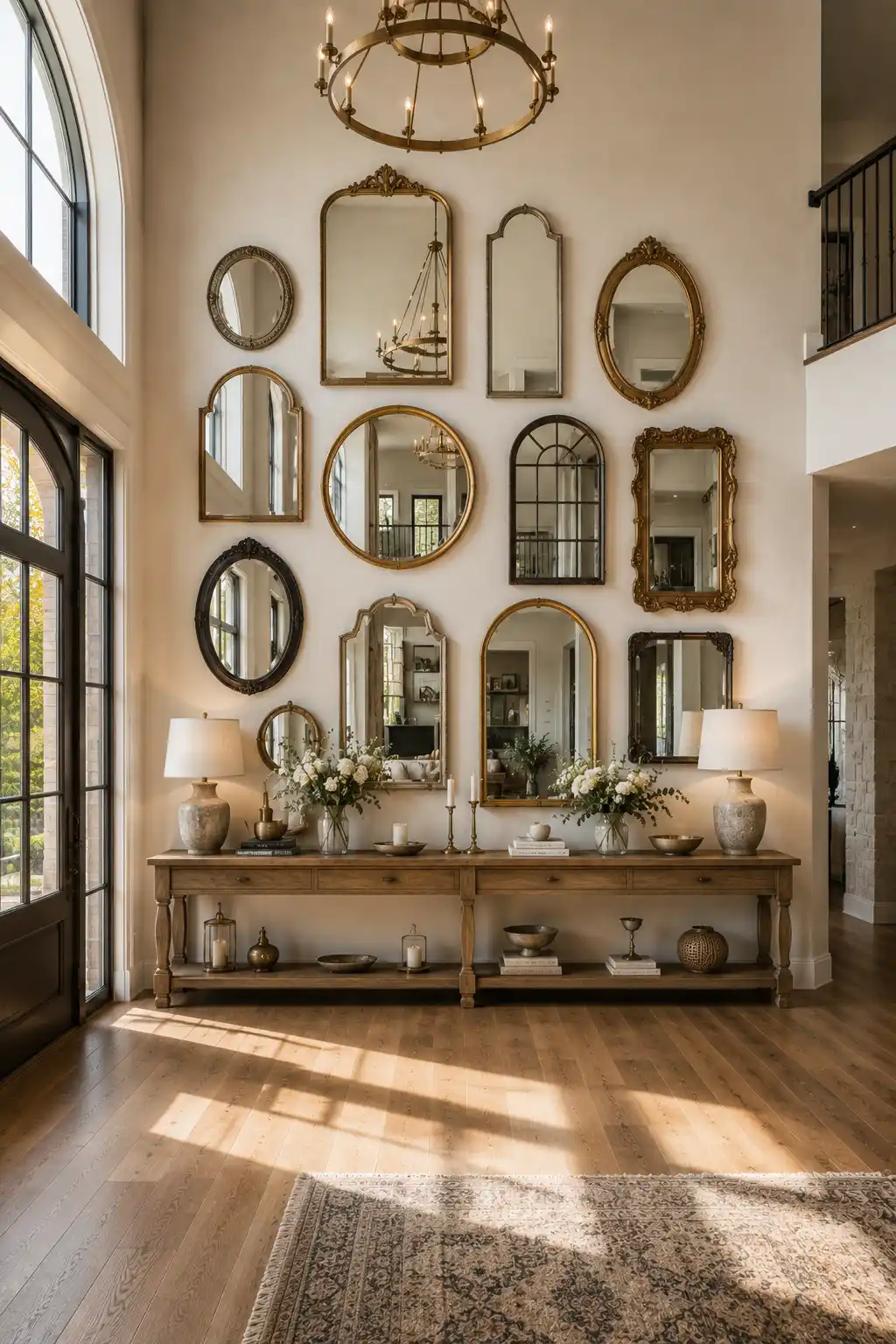 Vintage mirror gallery wall in a grand entryway featuring round, oval, arched, and rectangular antique mirrors with gold and brass frames, wooden console table, elegant chandelier, ceramic lamps, fresh flowers, natural sunlight, and timeless DIY mirror wall décor ideas for blank walls.